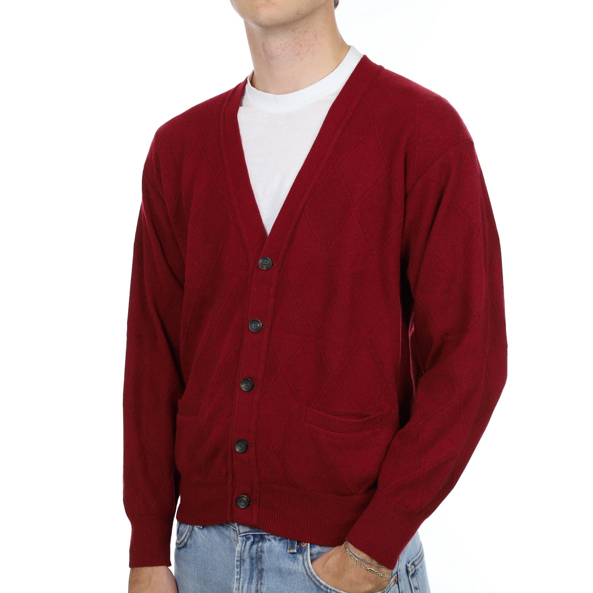 Men's Burgundy Red Cashmere V Neck Cardigan Large