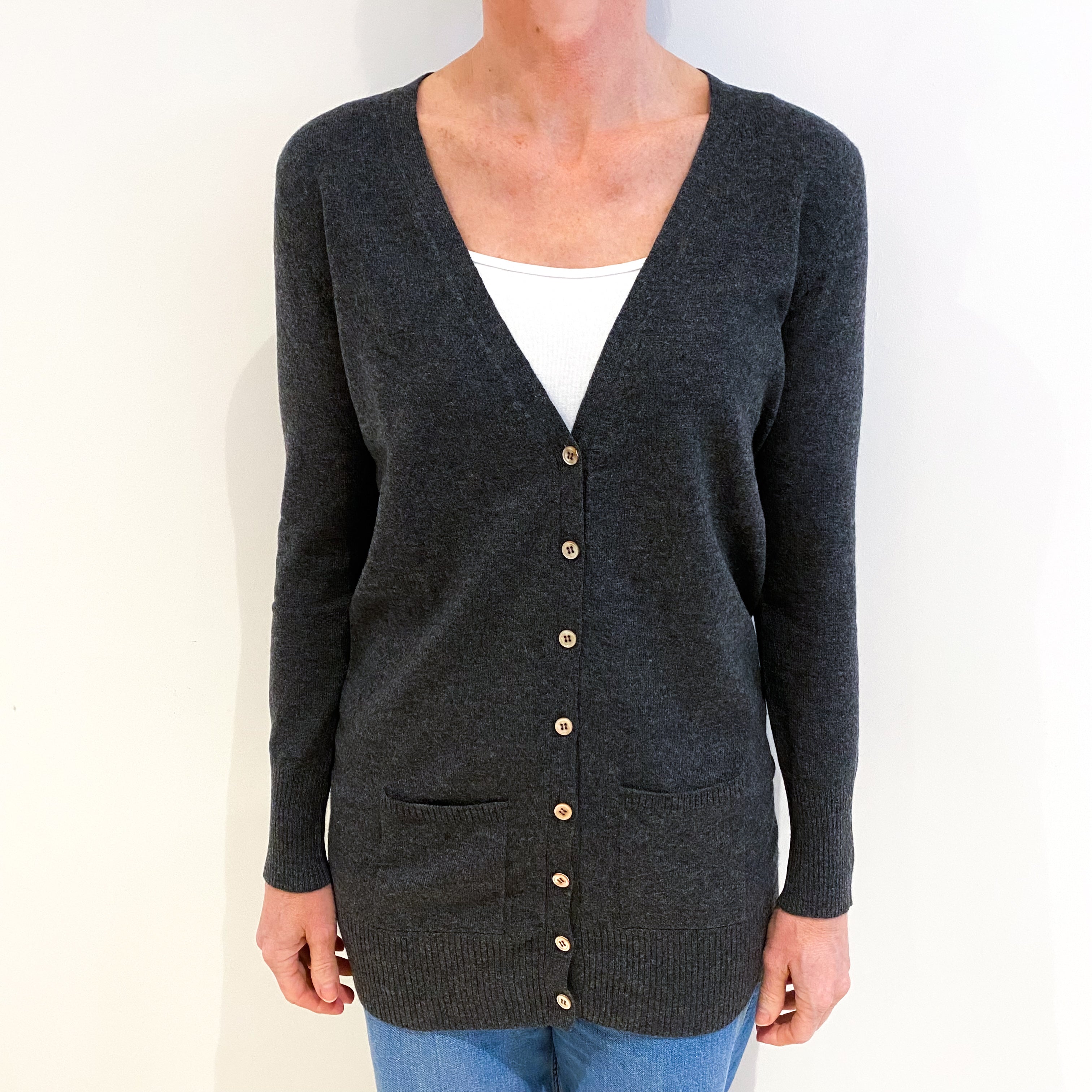 Charcoal Grey Cashmere V Neck Cardigan Small