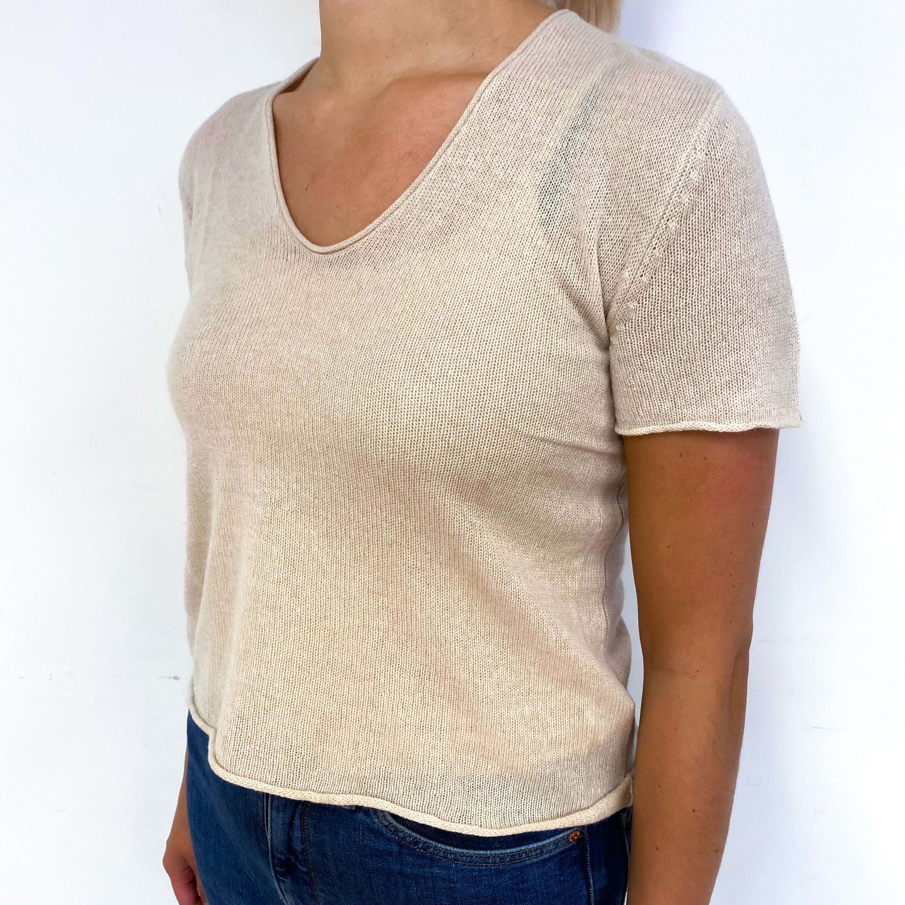 Soft Beige Lightweight Cashmere Short Sleeve Jumper Small