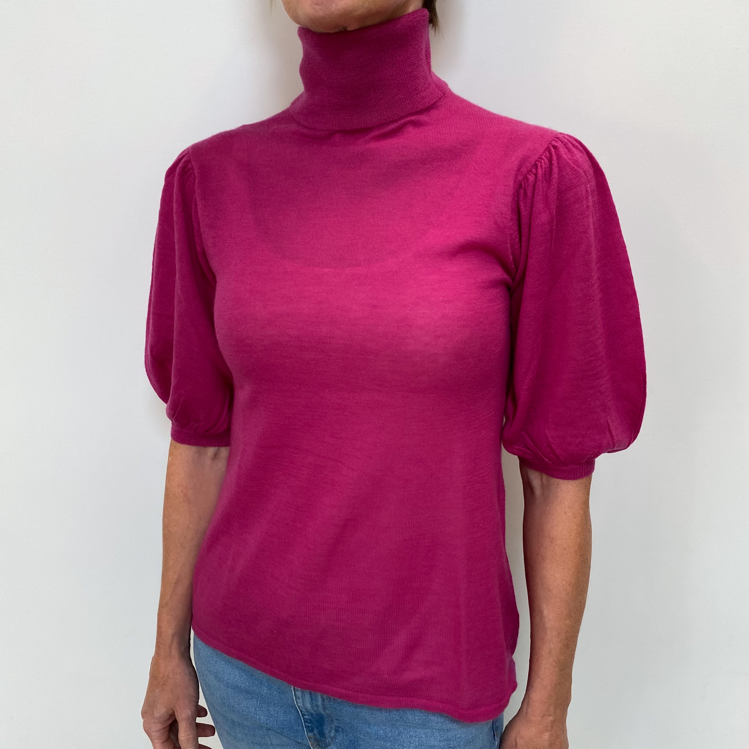 Fuchsia Pink Cashmere Balloon Sleeve Polo Neck Jumper Small