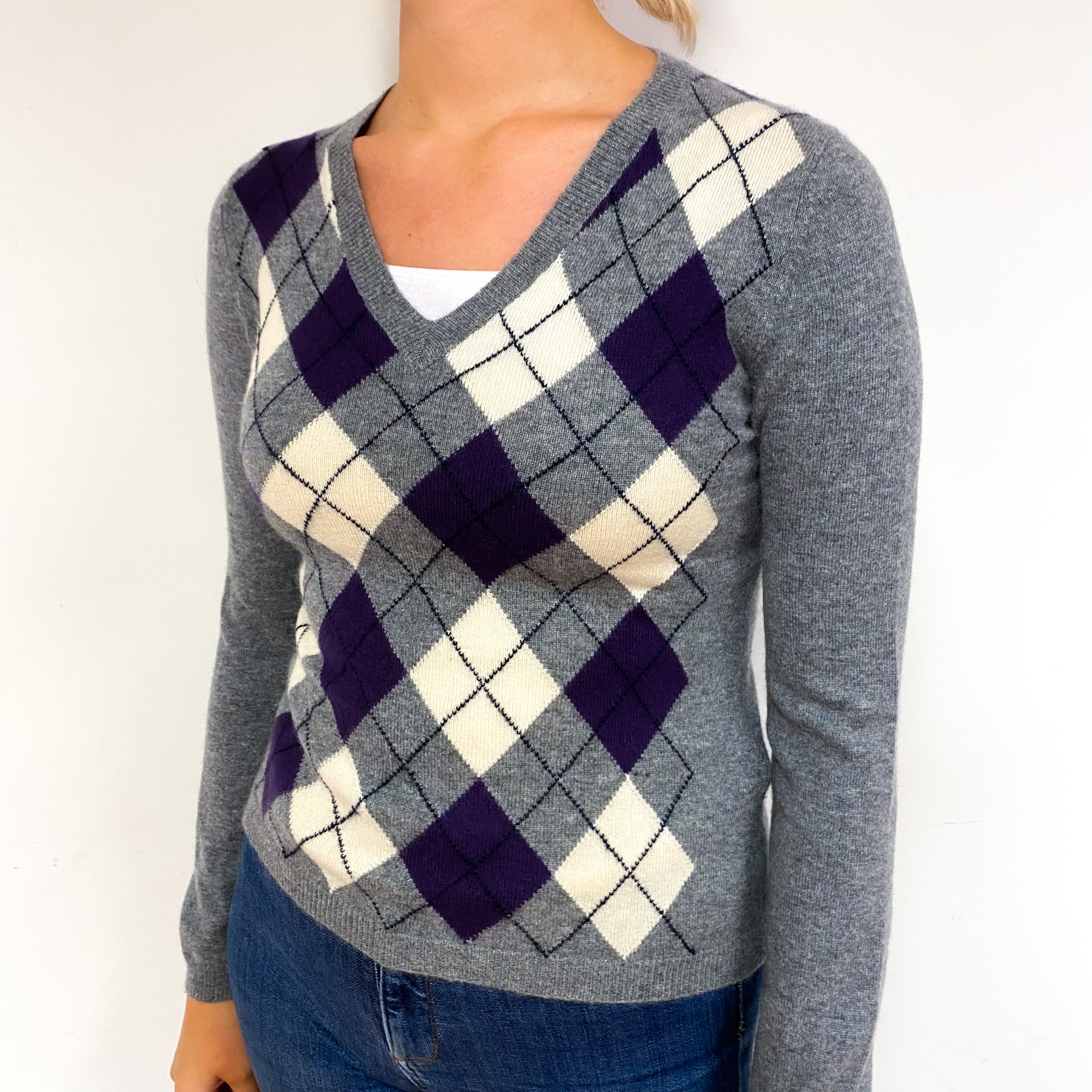 Grey Purple Argyle Cashmere V-Neck Jumper Small