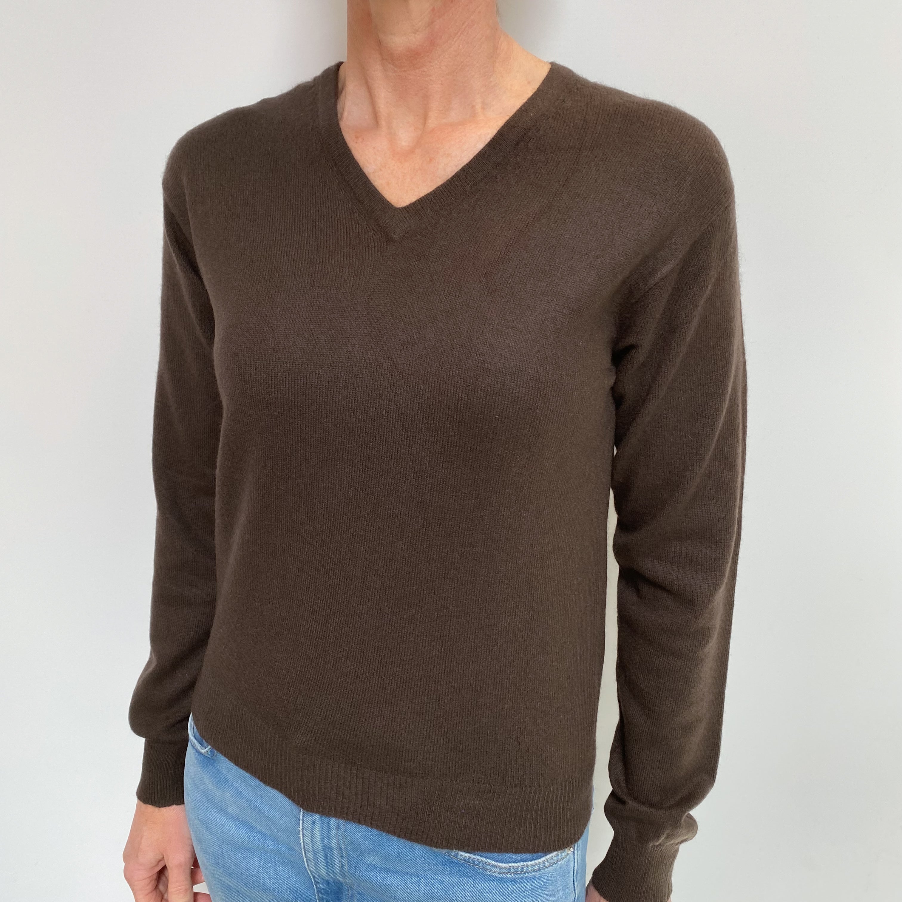 Dark Chocolate Brown Cashmere V Neck Jumper Small