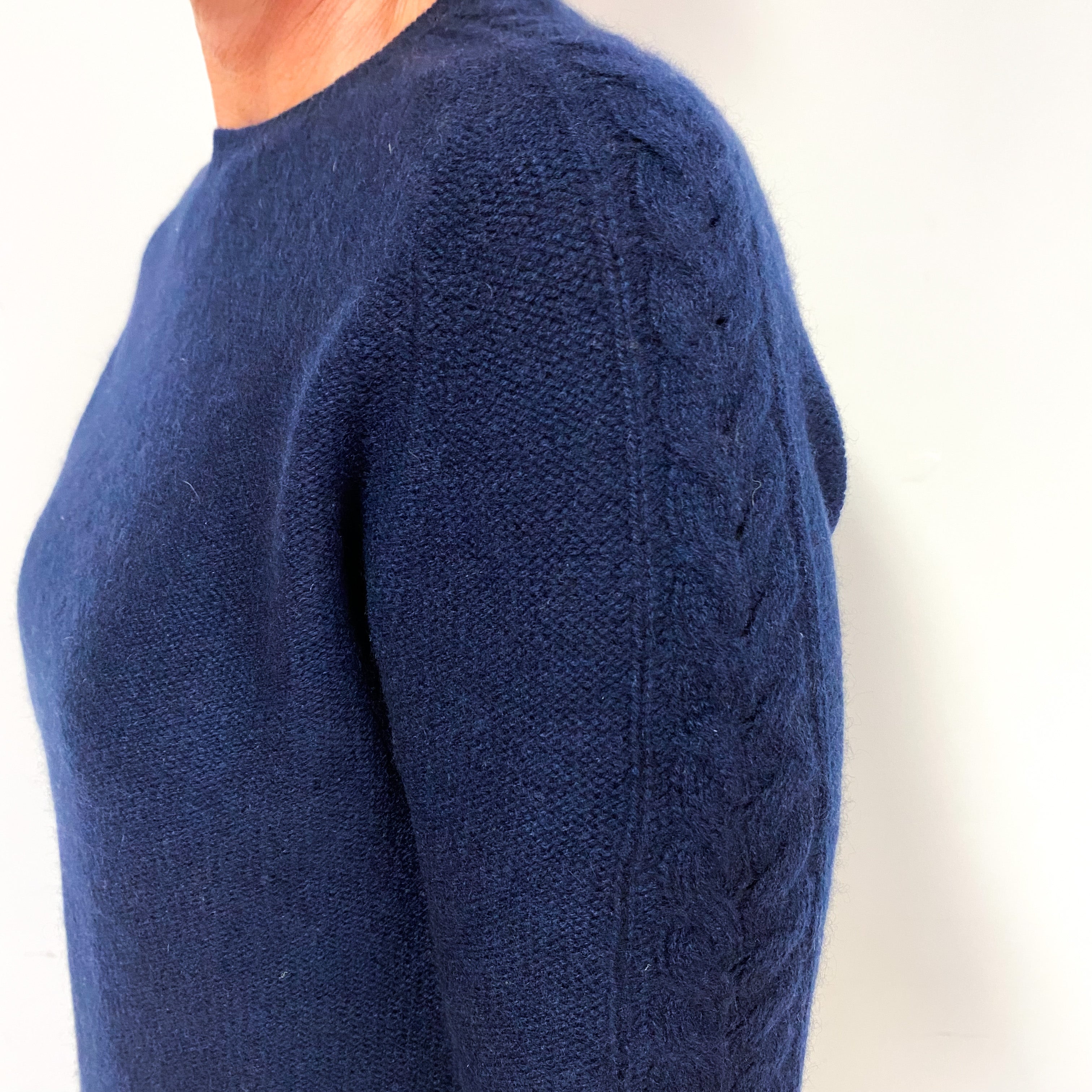 Navy Blue Cable Detail Cashmere Crew Neck Jumper Medium