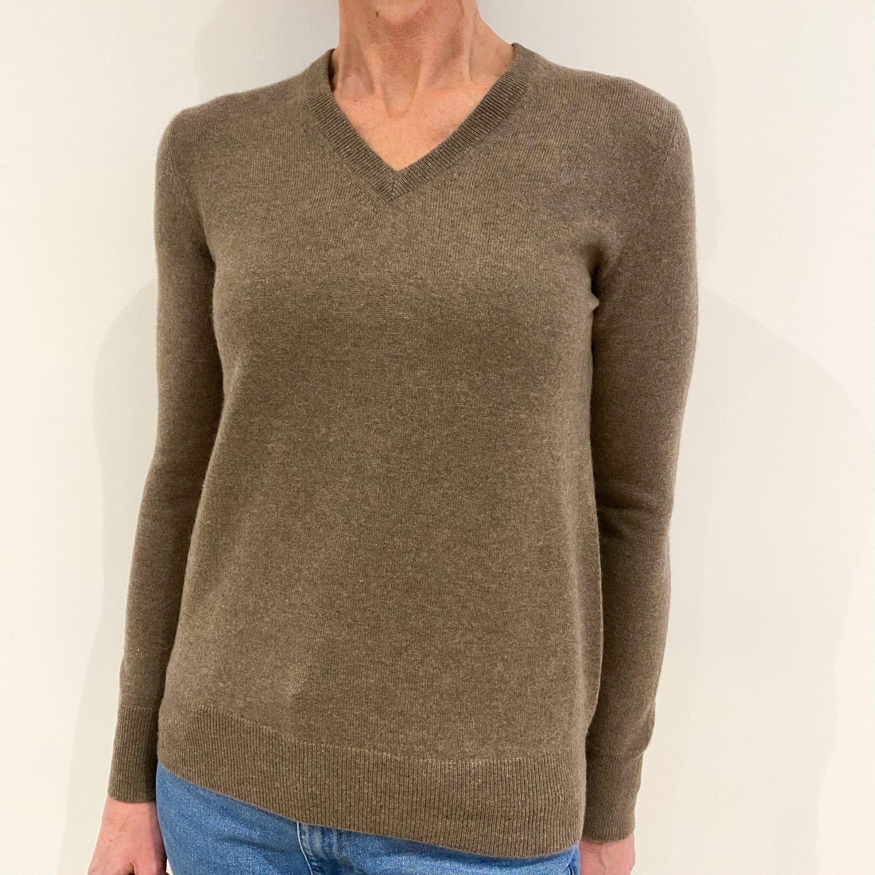 Taupe Brown Cashmere V Neck Jumper Small