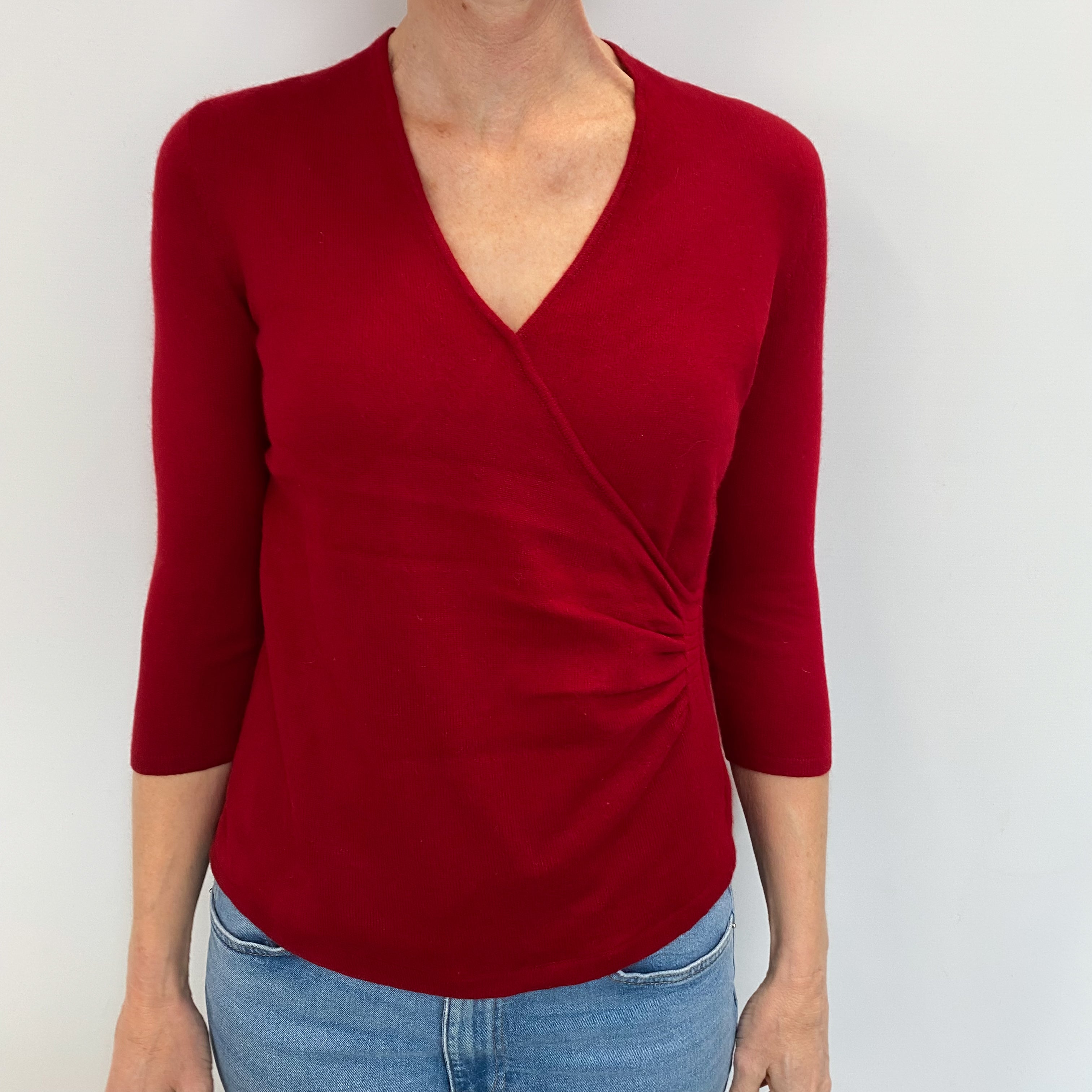 Crimson Red Cashmere V Neck Jumper Small