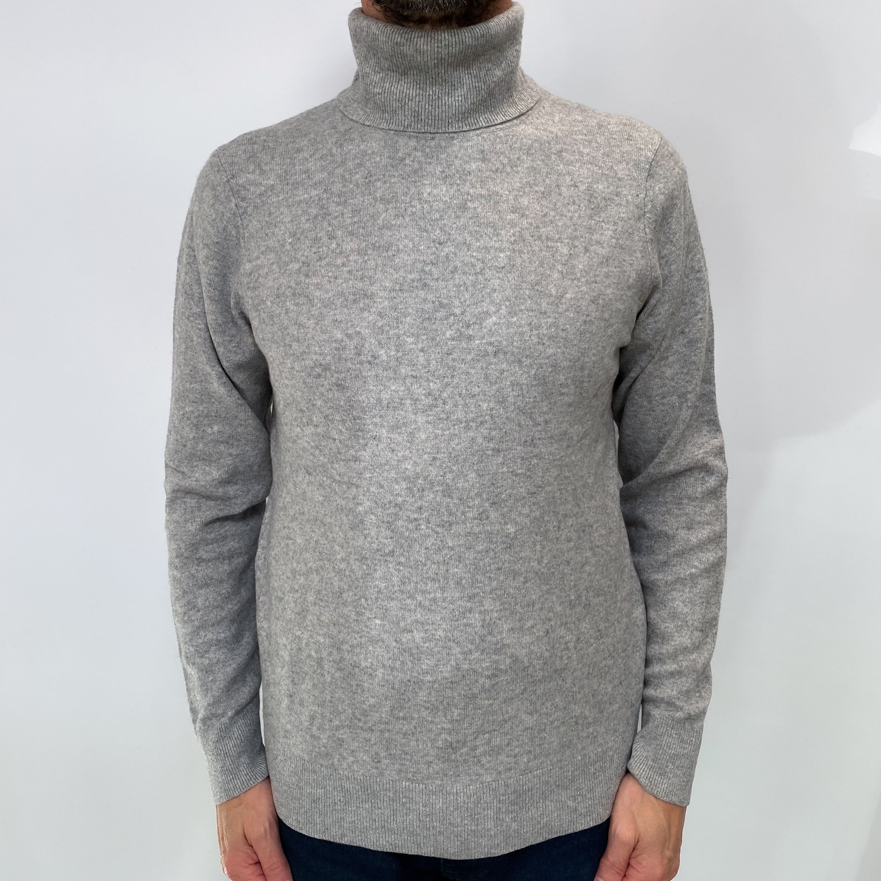 Soft Grey Men's Cashmere Polo Neck Jumper Small