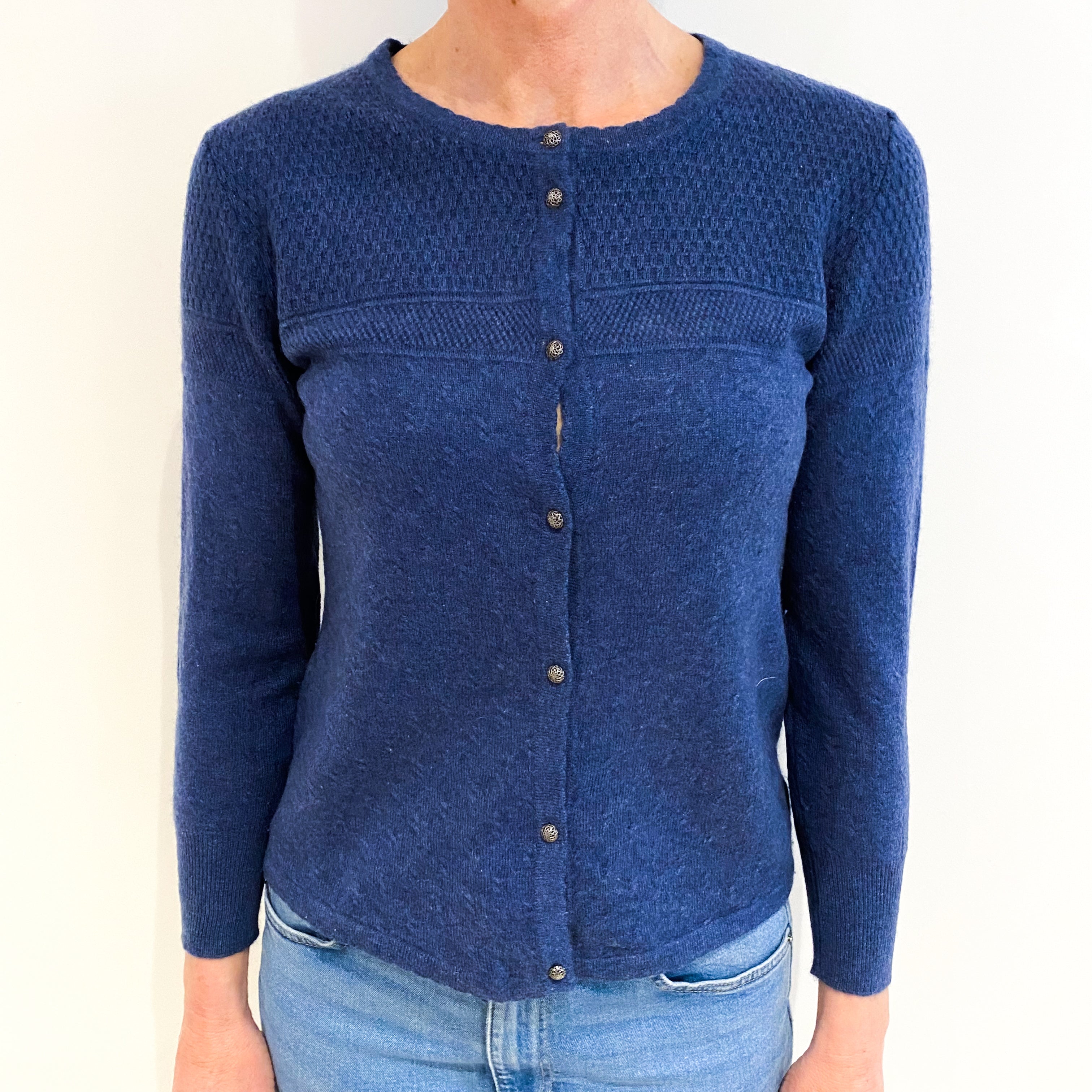 Dark Denim Blue Cashmere Crew Neck Cardigan Small