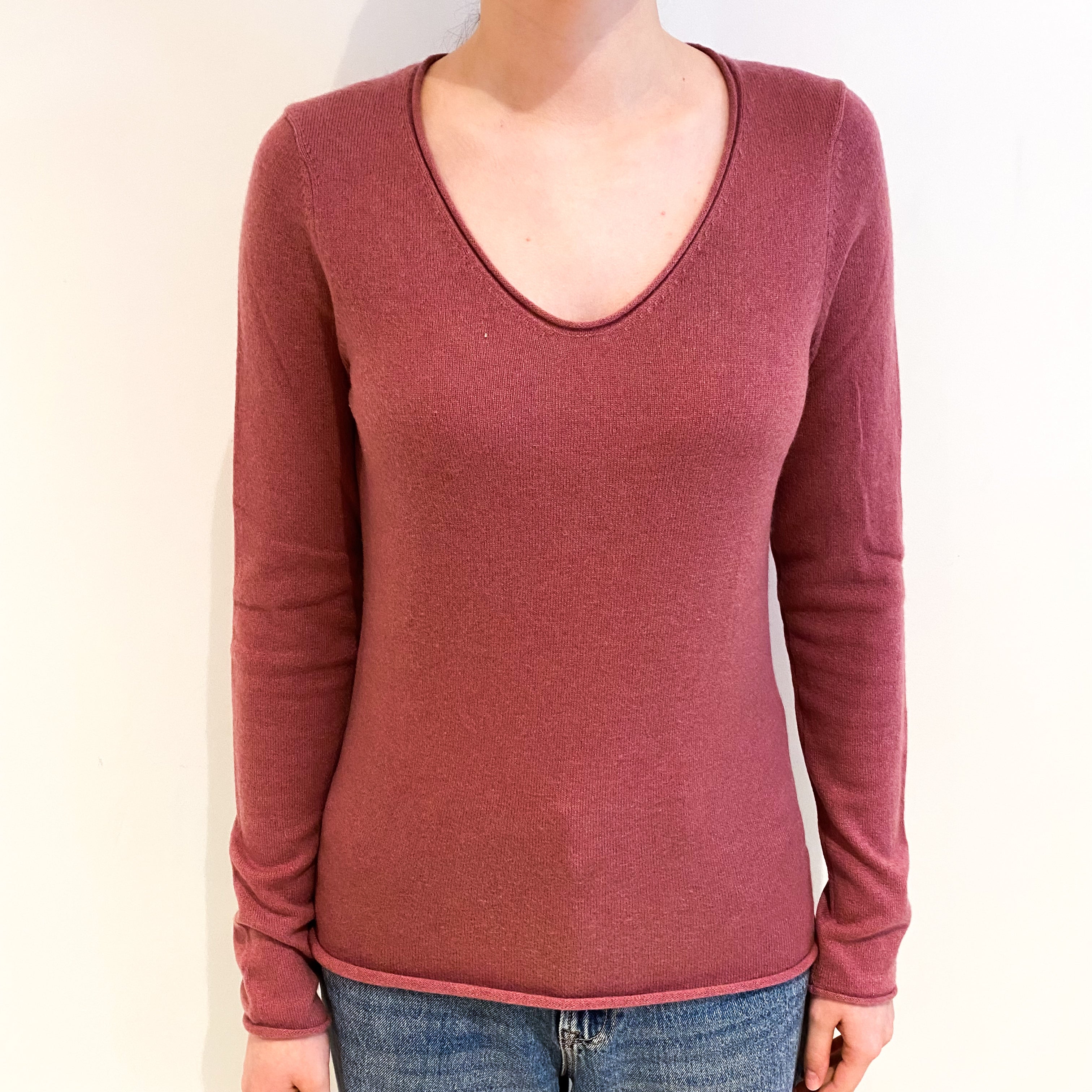 Deep Heather Pink Cashmere V Neck Jumper Extra Small