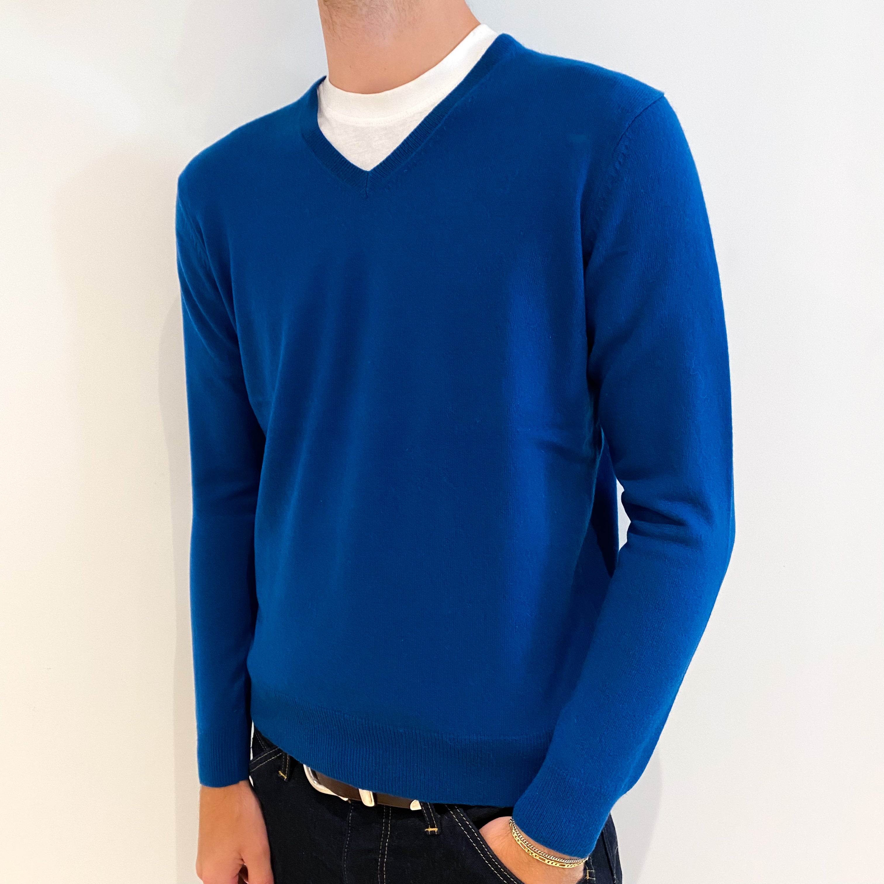 Men's Petrol Blue Cashmere V-Neck Jumper Medium