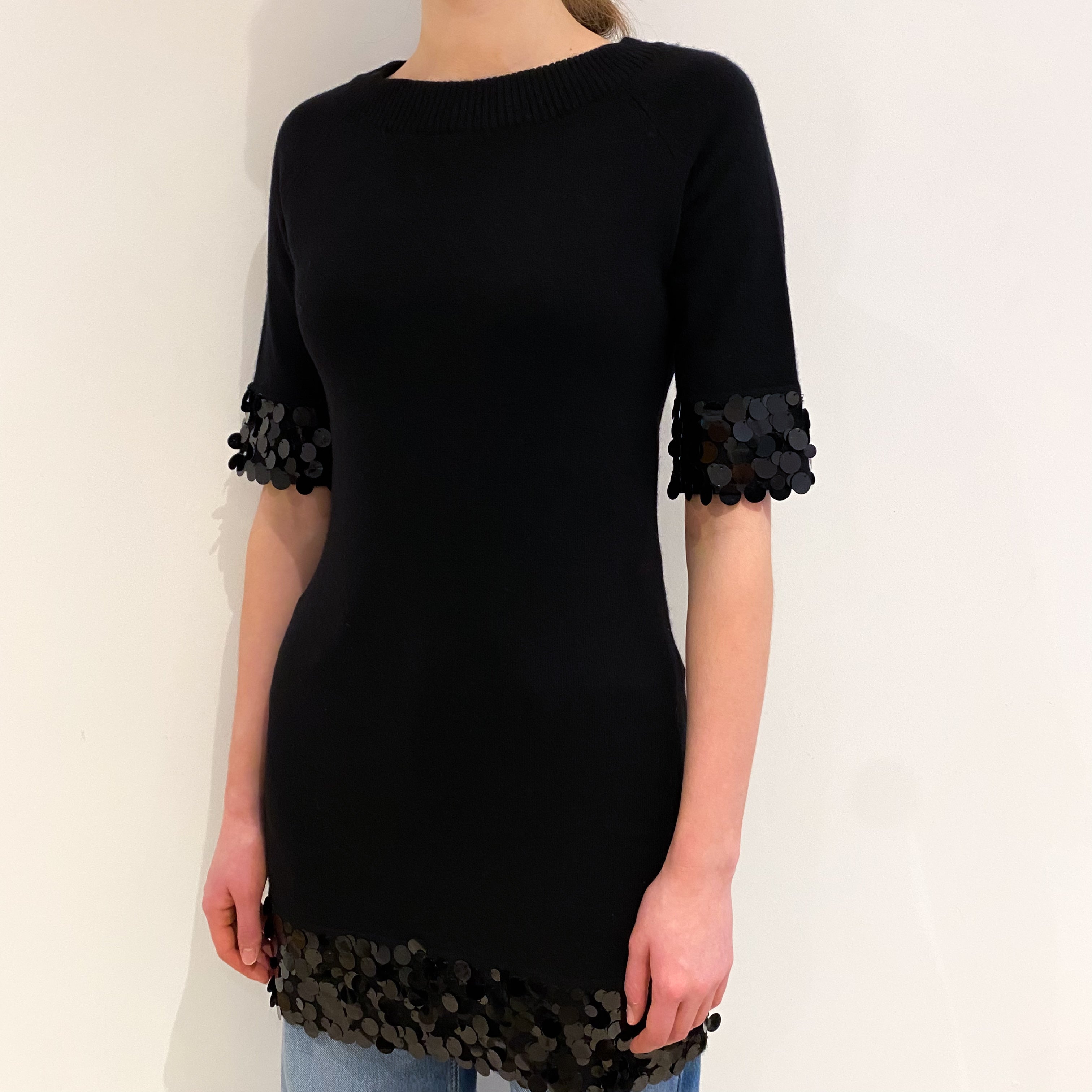 Black Sequinned Cashmere Crew Neck Dress Extra Small