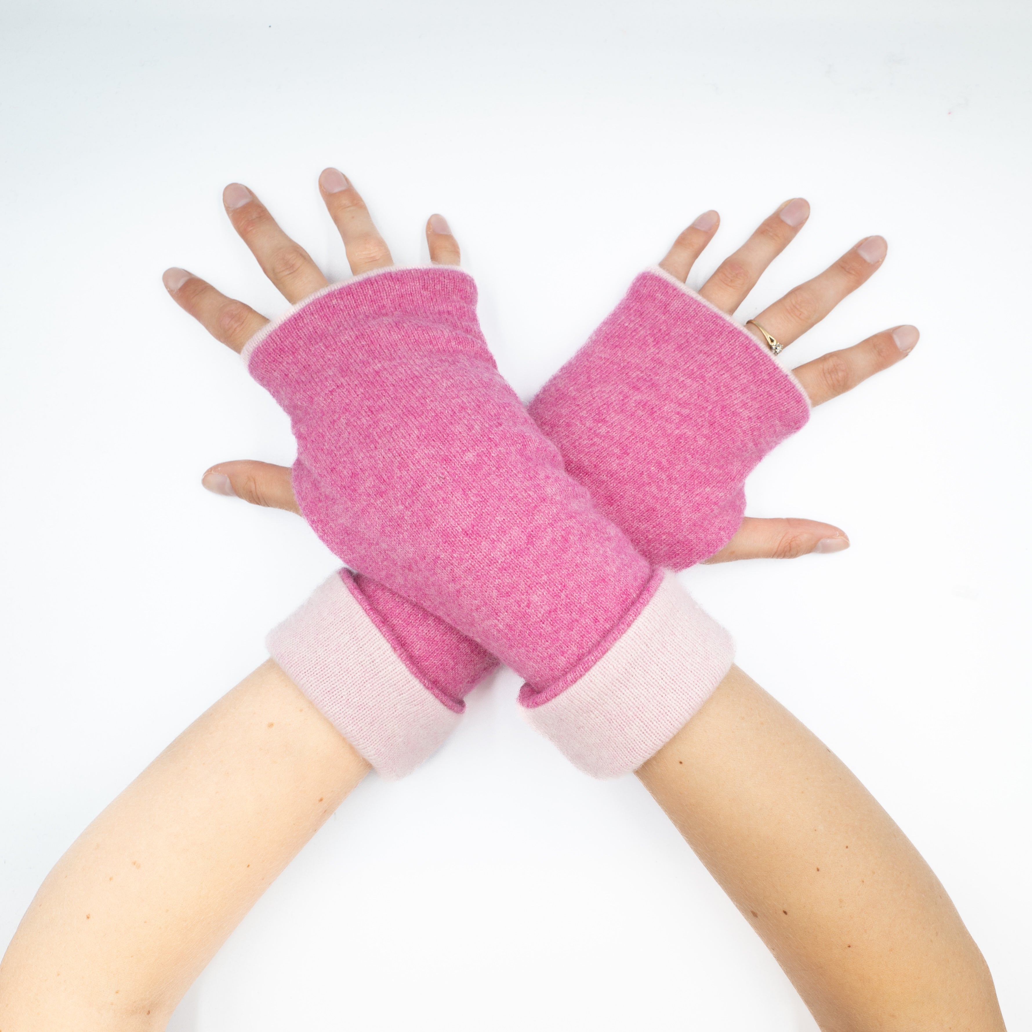 Loganberry and Baby Pink Reversible Fingerless Gloves