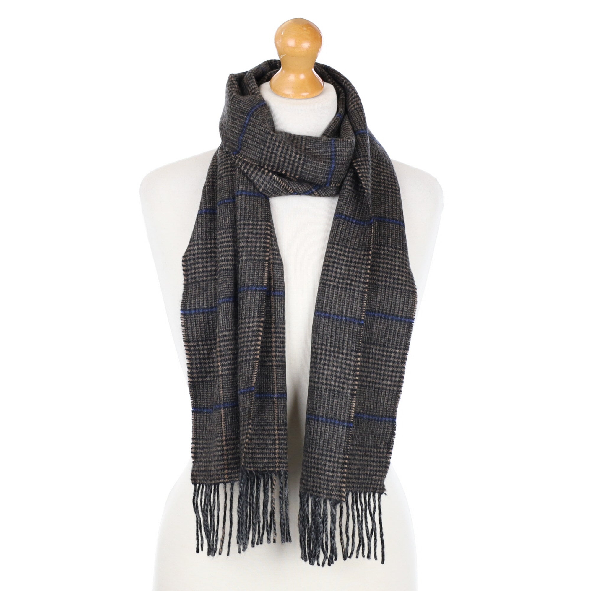 Brown and Blue Checked Cashmere Fringed Woven Scarf