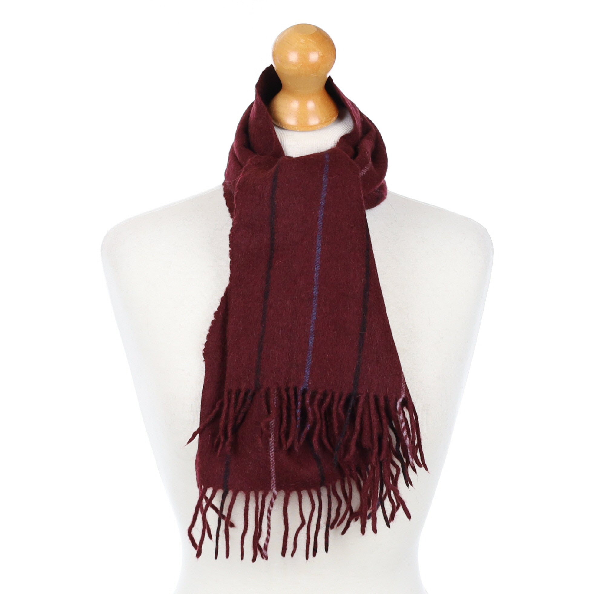 Wine Red Striped Fringed Cashmere Woven Scarf