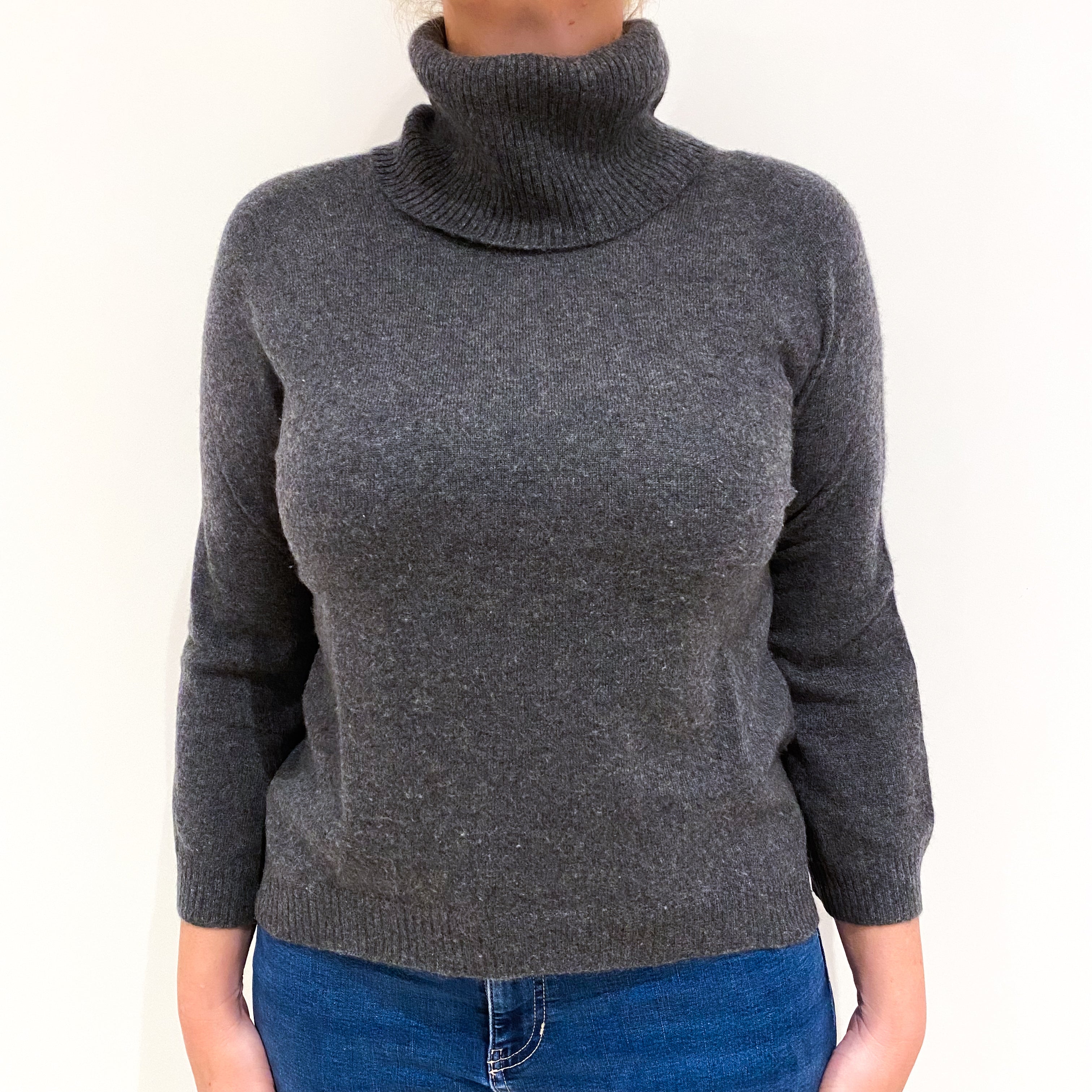 Slate Grey Cashmere Polo Neck Jumper Large