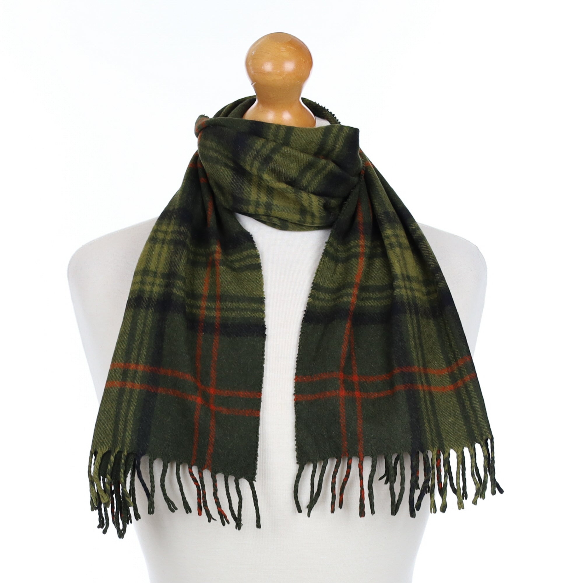 Olive Green Checked Cashmere Fringed Woven Scarf