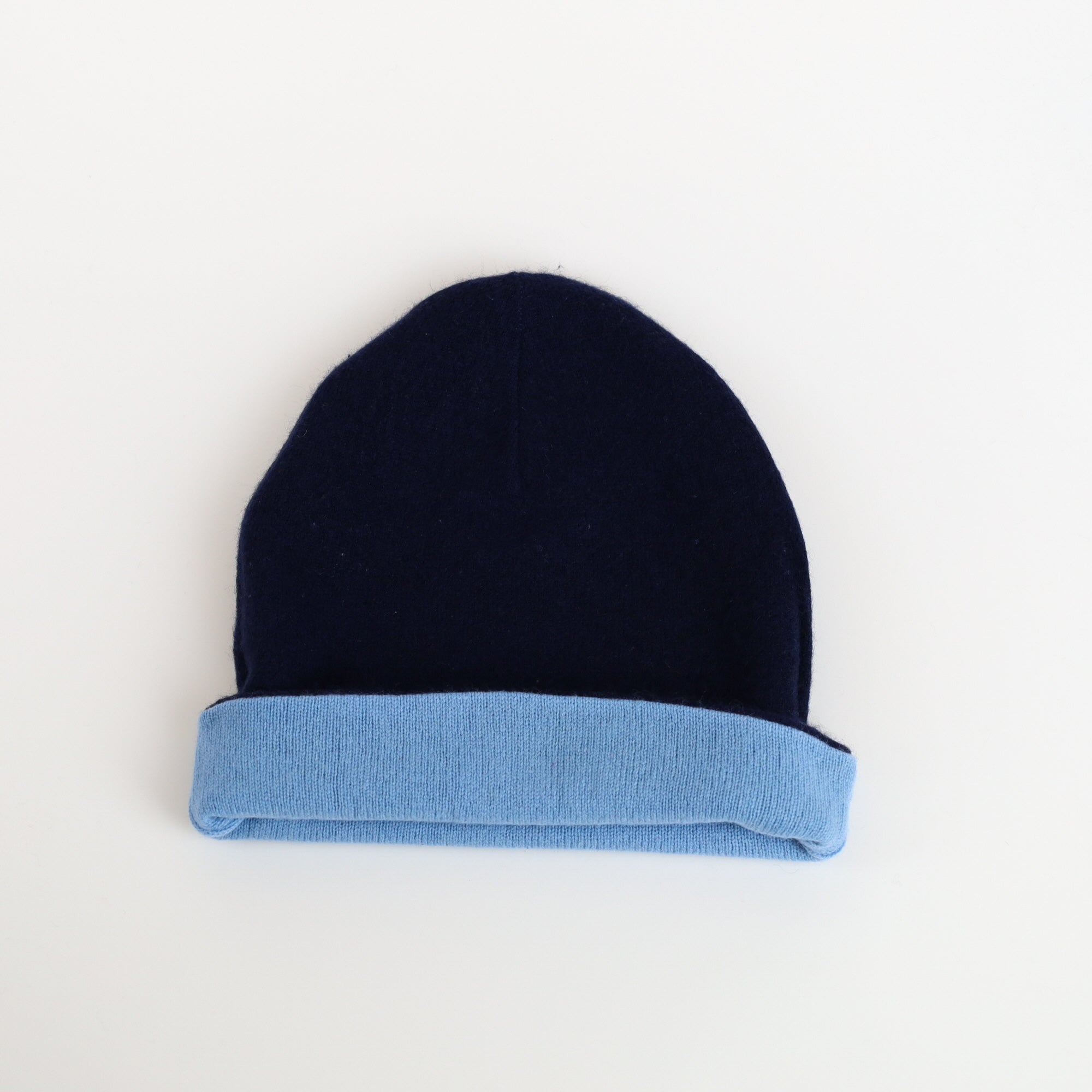 Navy and Cornflower Blue Reversible Cashmere Beanie Hat