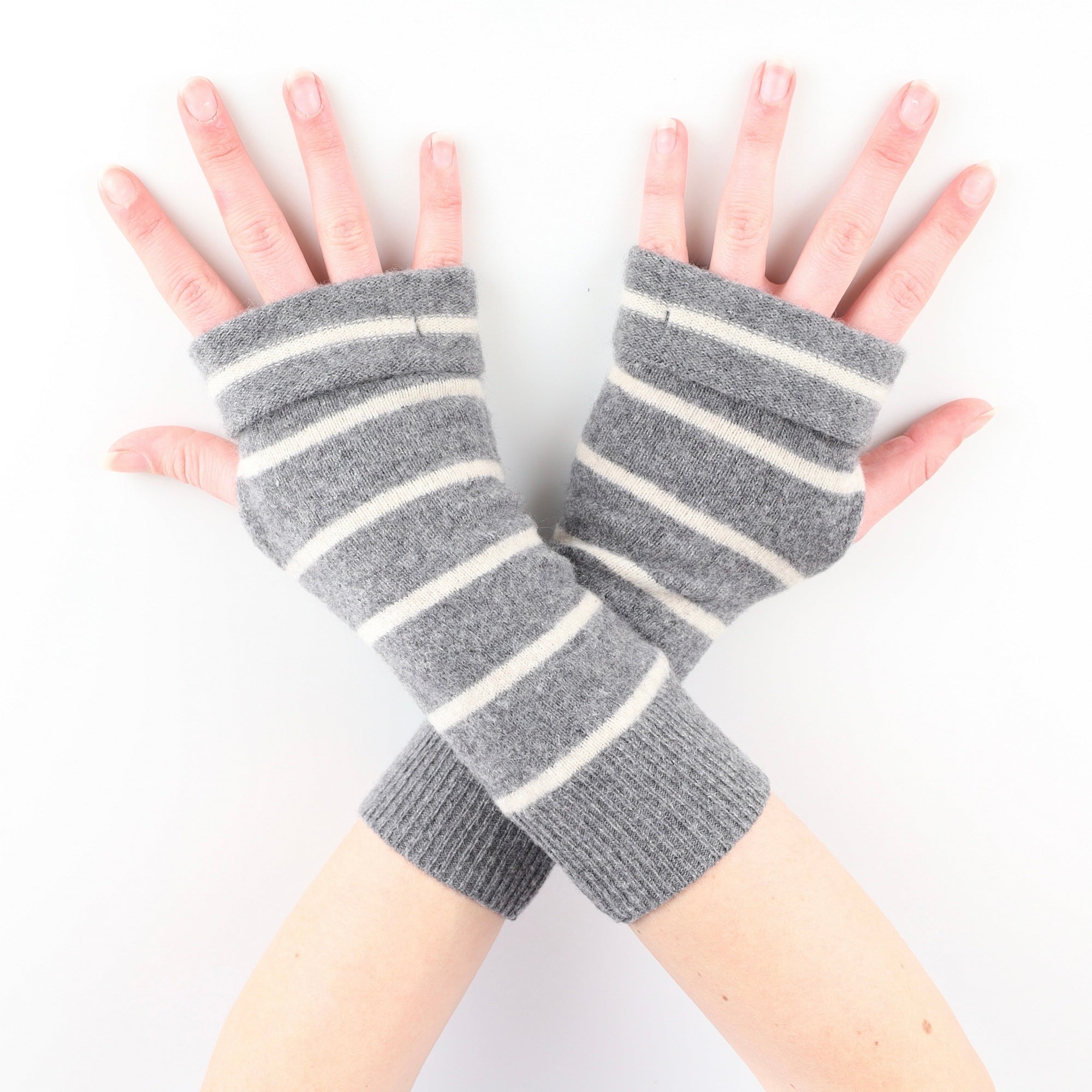 Smoke Grey and Cream Striped Fingerless Gloves