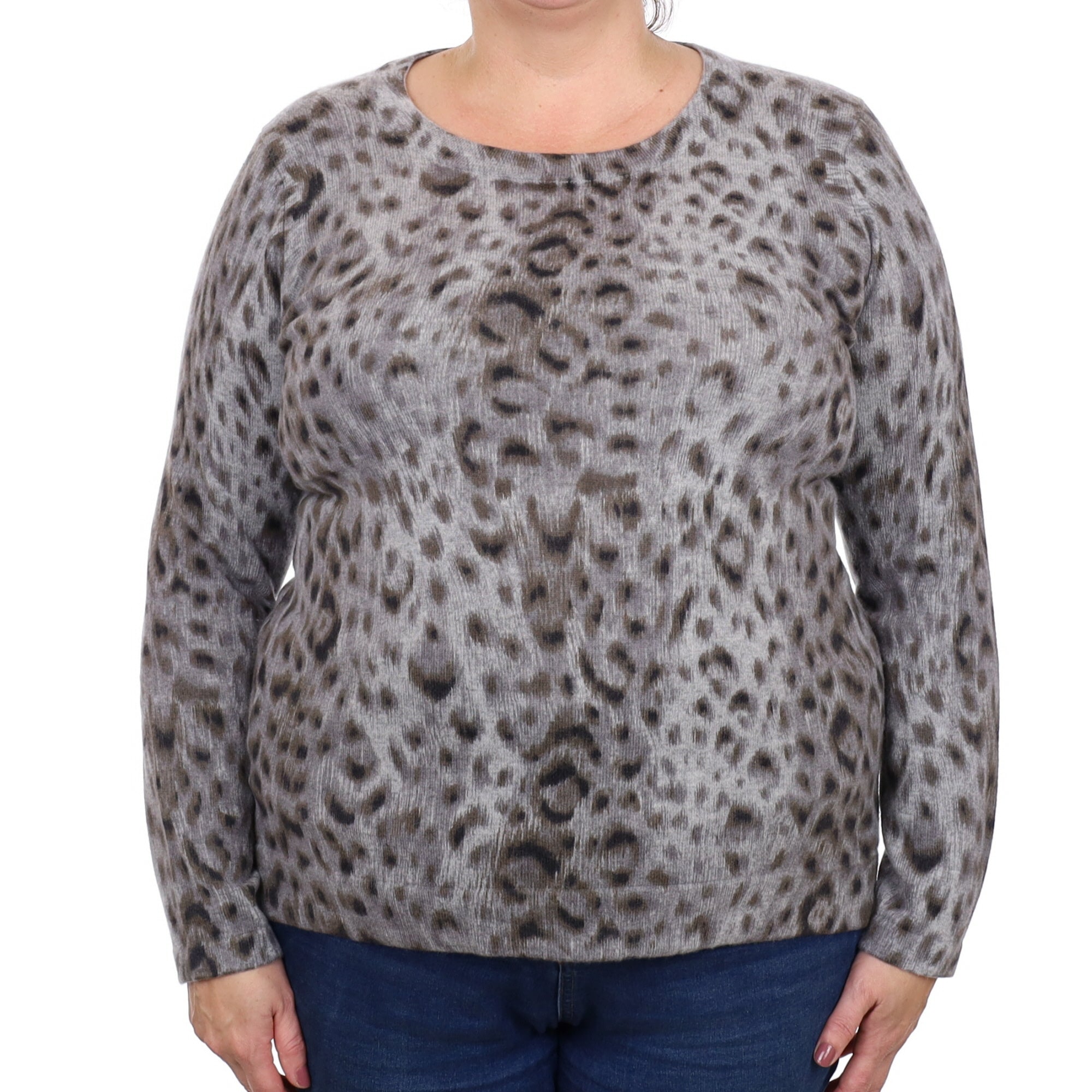 Grey Animal Print Cashmere Crew Neck Jumper Extra Large