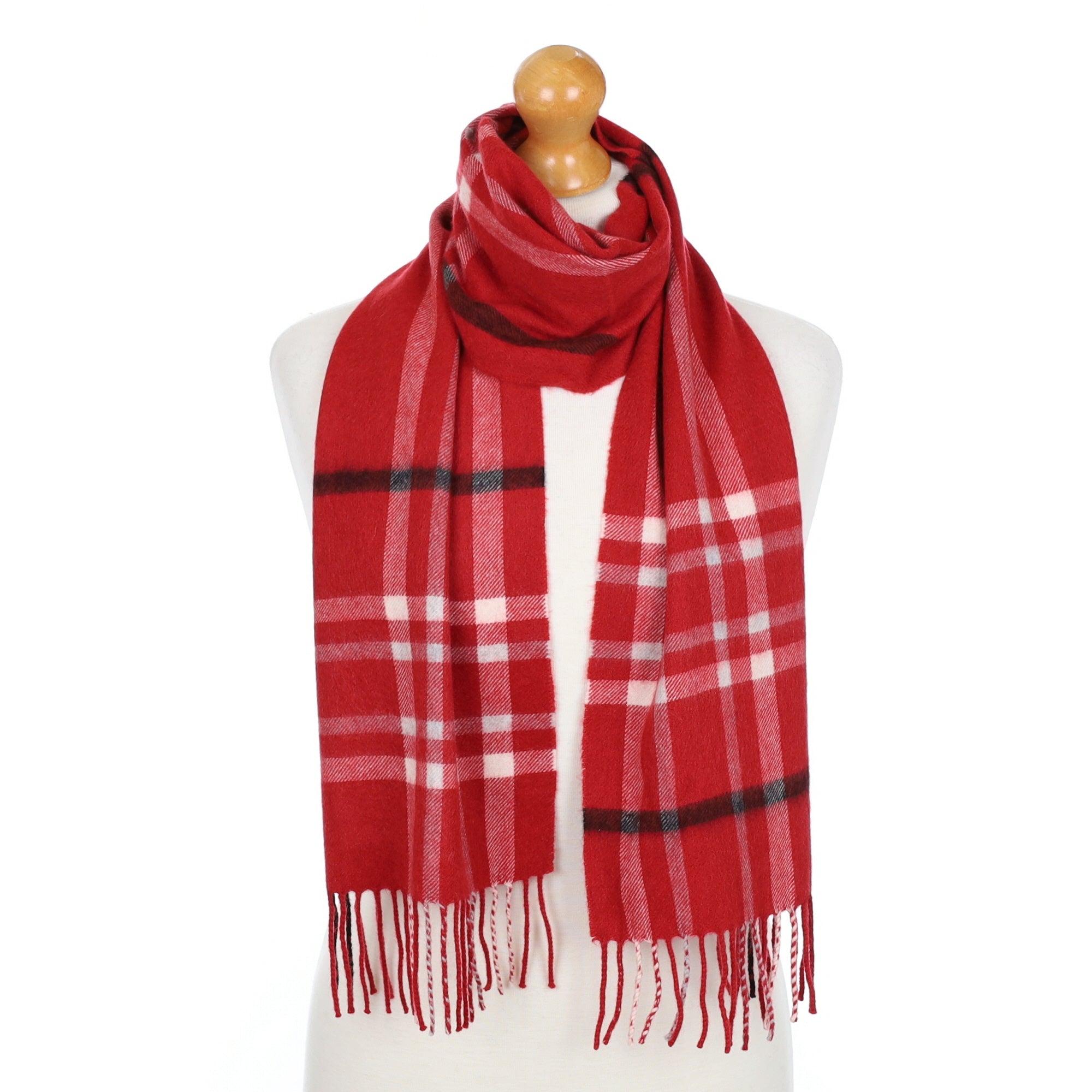 Red and White Checked Fringed Cashmere Woven Scarf