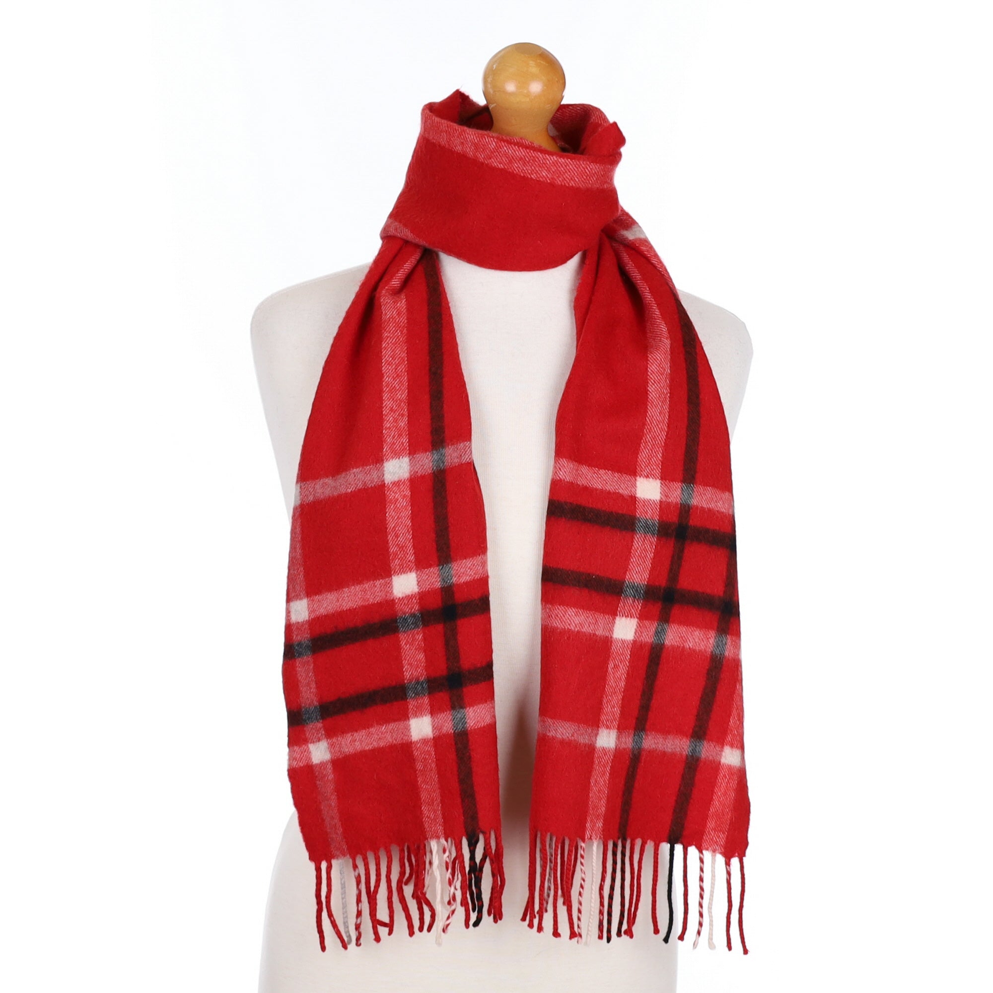 Red and Black Checked Cashmere Fringed Woven Scarf