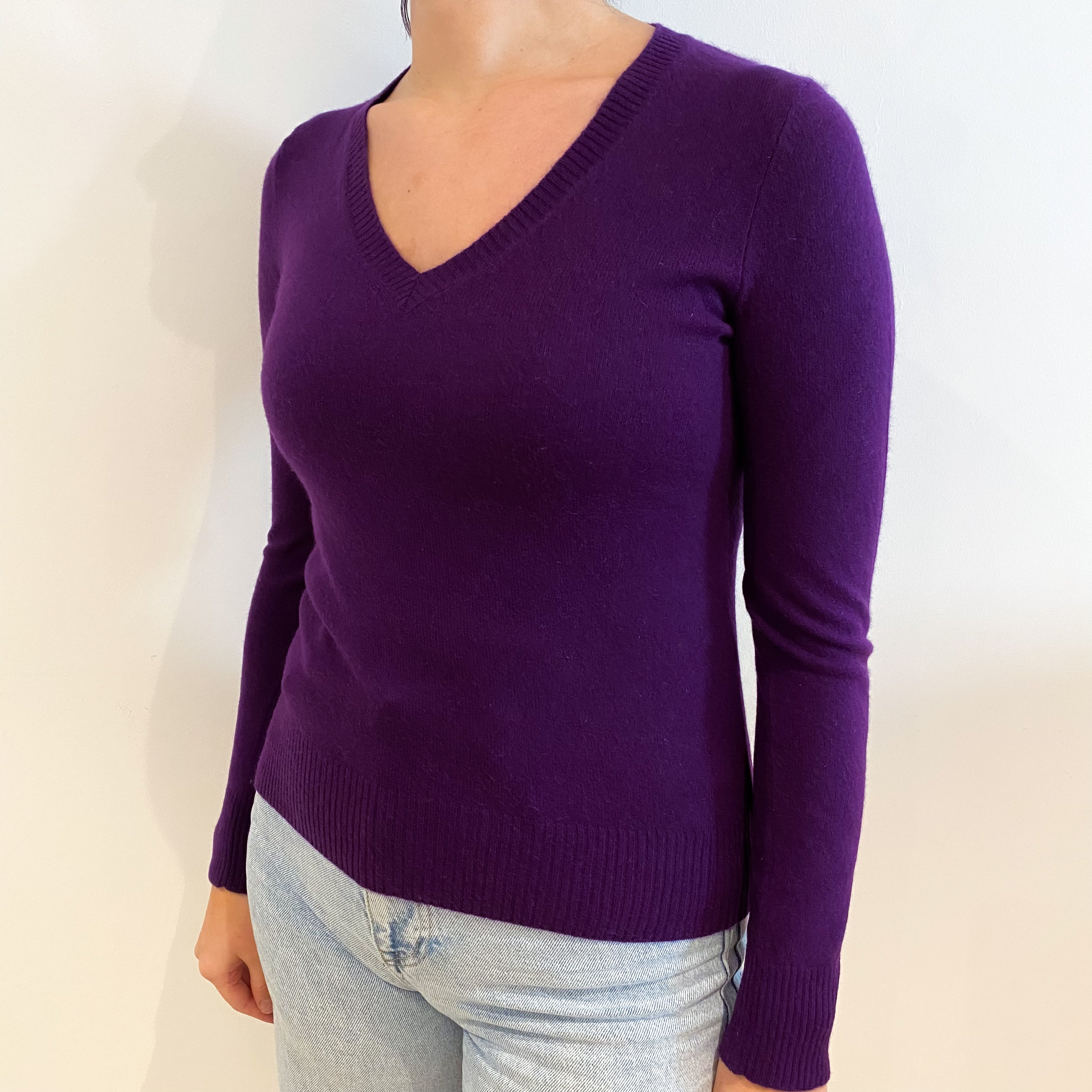 Grape Purple Cashmere V-Neck Jumper Small