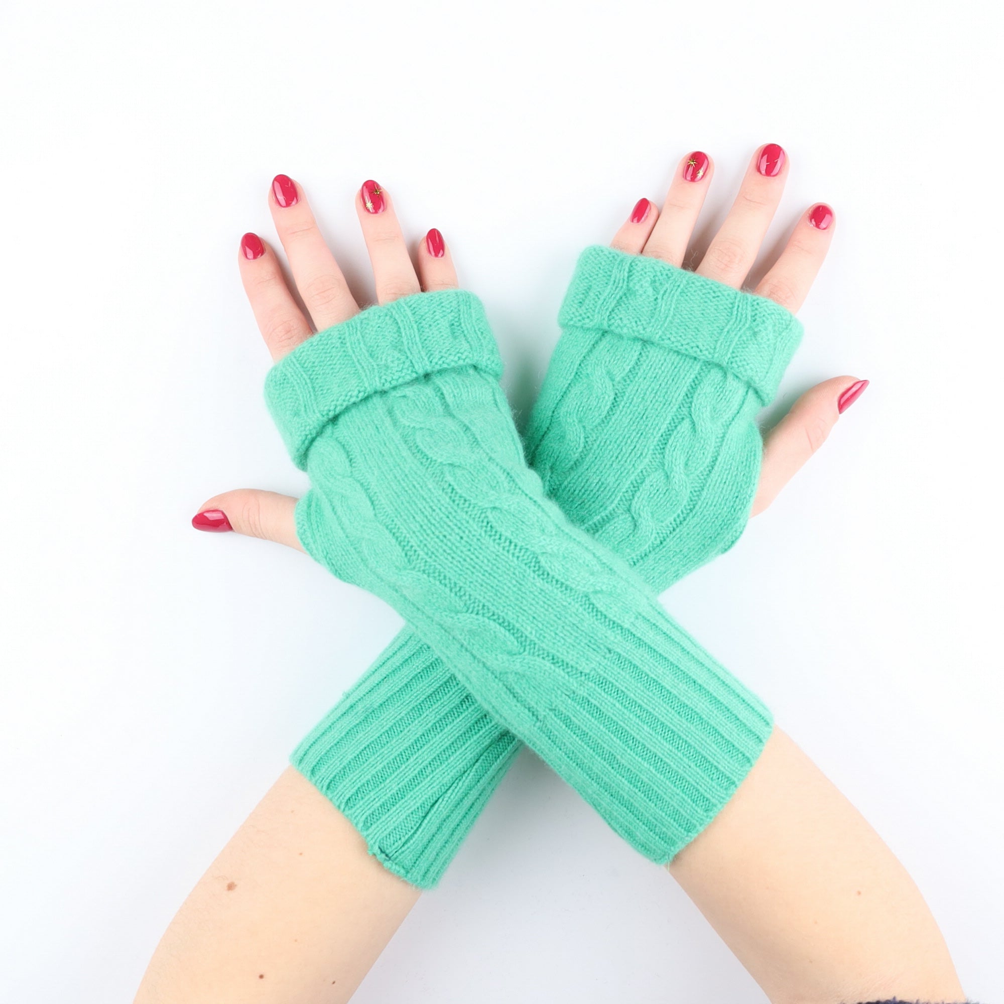 Jade Green Cable Fingerless Gloves