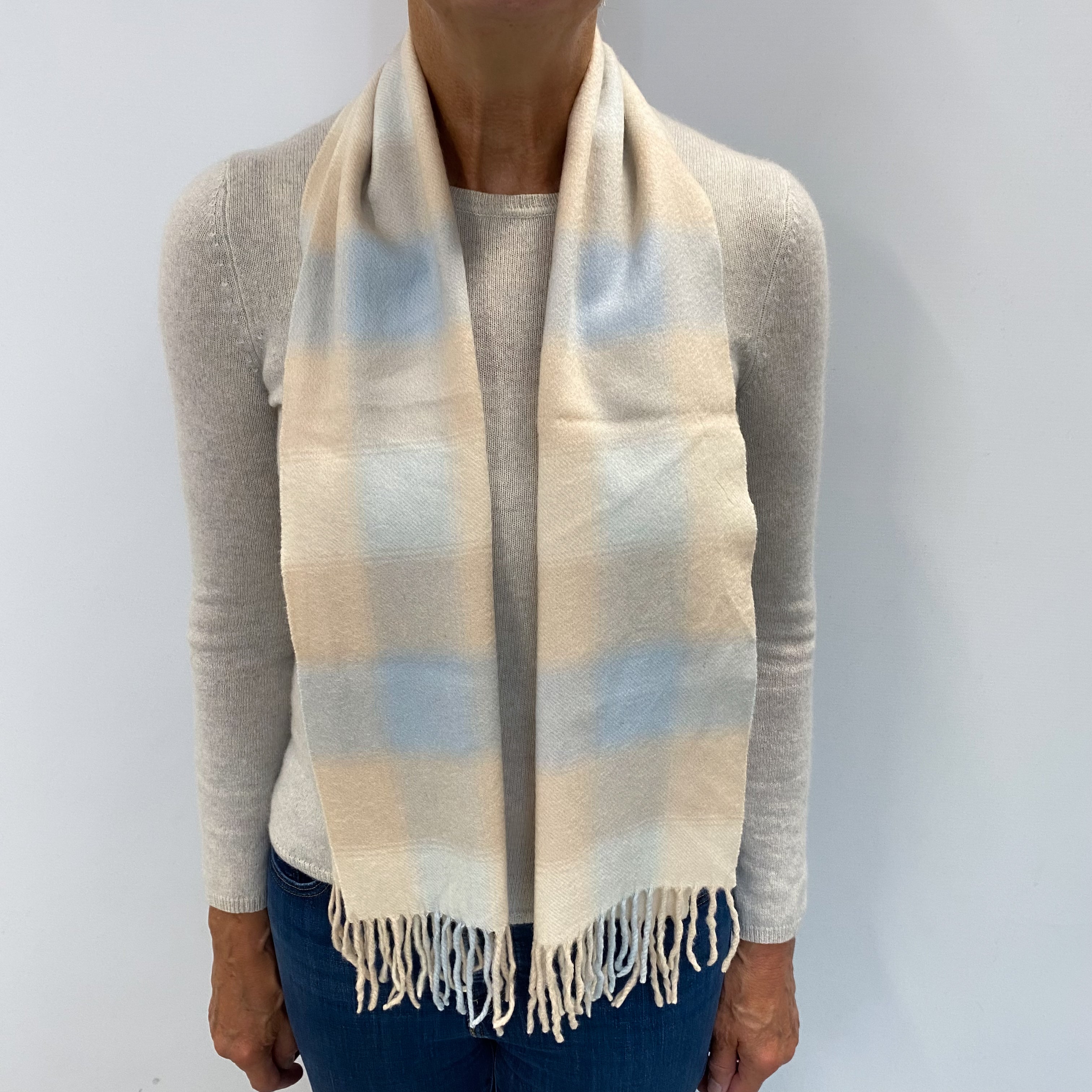 Powder Blue Beige Checked Cashmere Woven Fringed Scarf