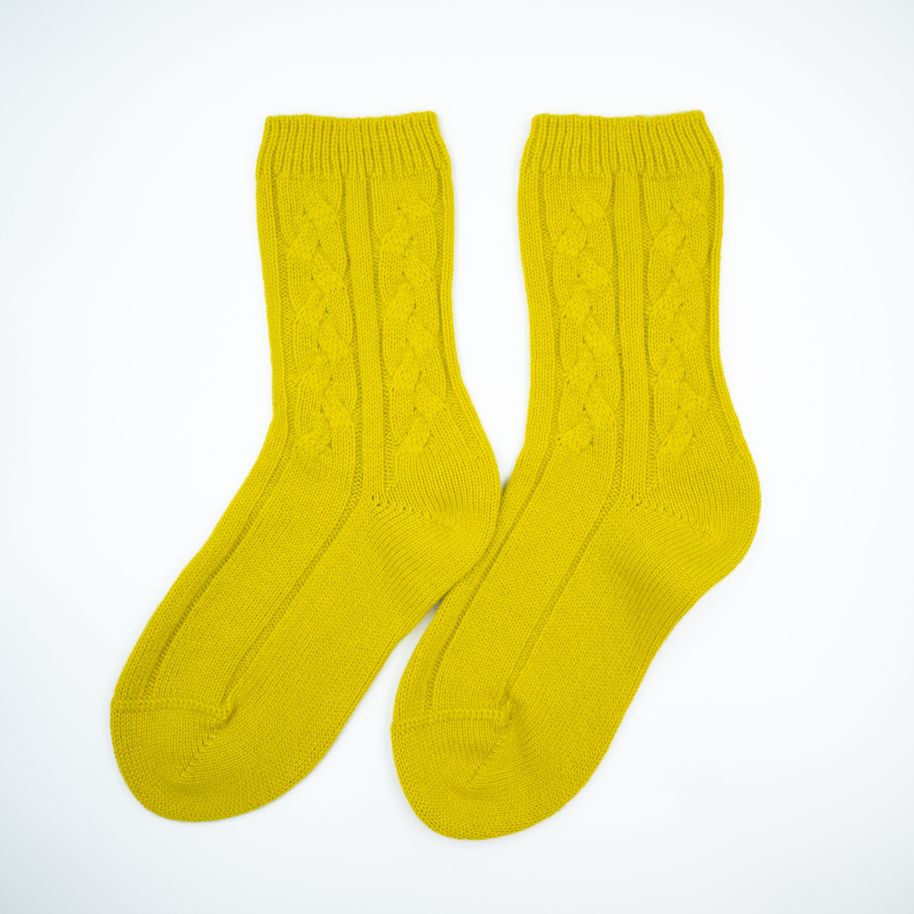 New Scottish Chartreuse Yellow Cable Cashmere Bed Socks