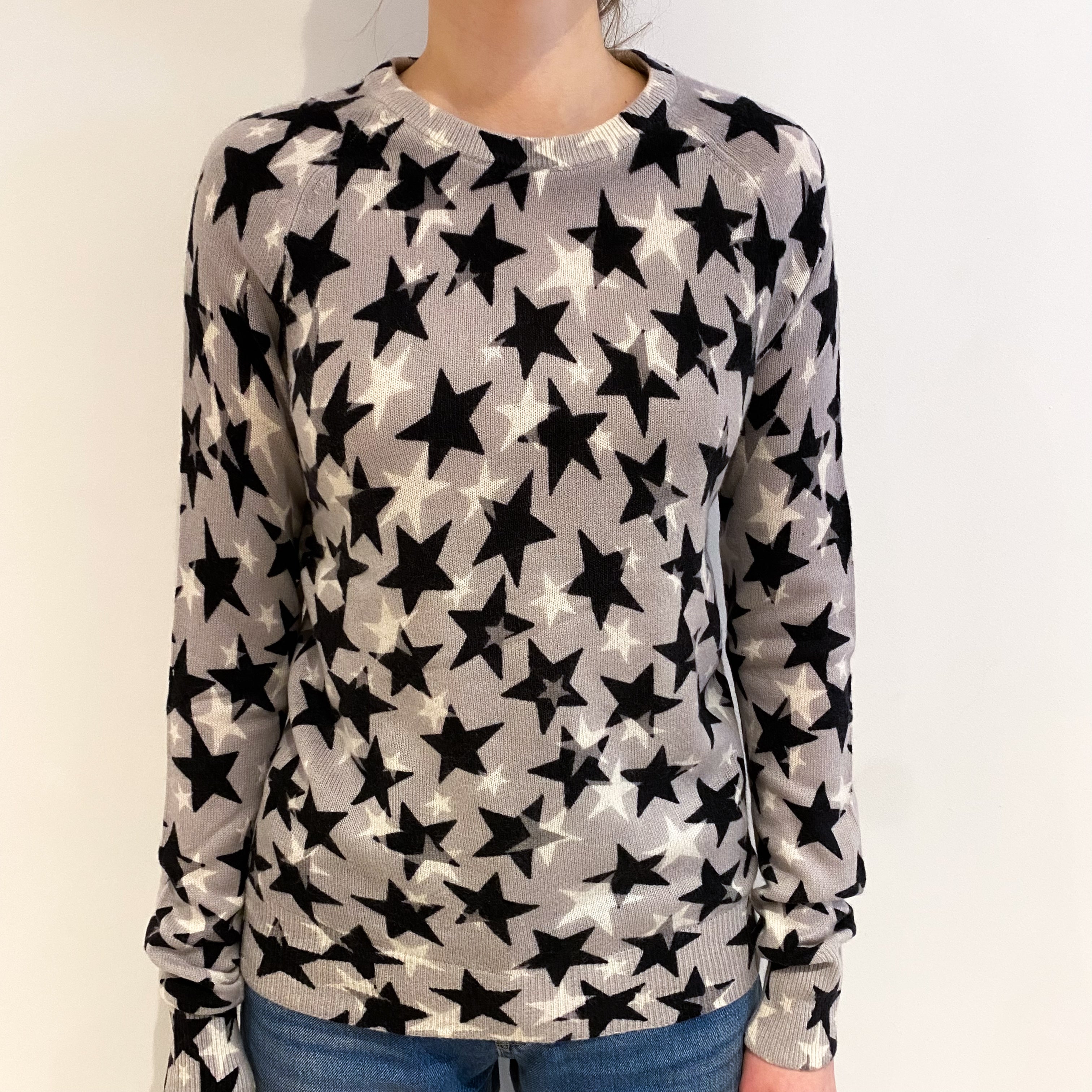 Grey and Black Starry Cashmere Crew Neck Jumper Extra Small