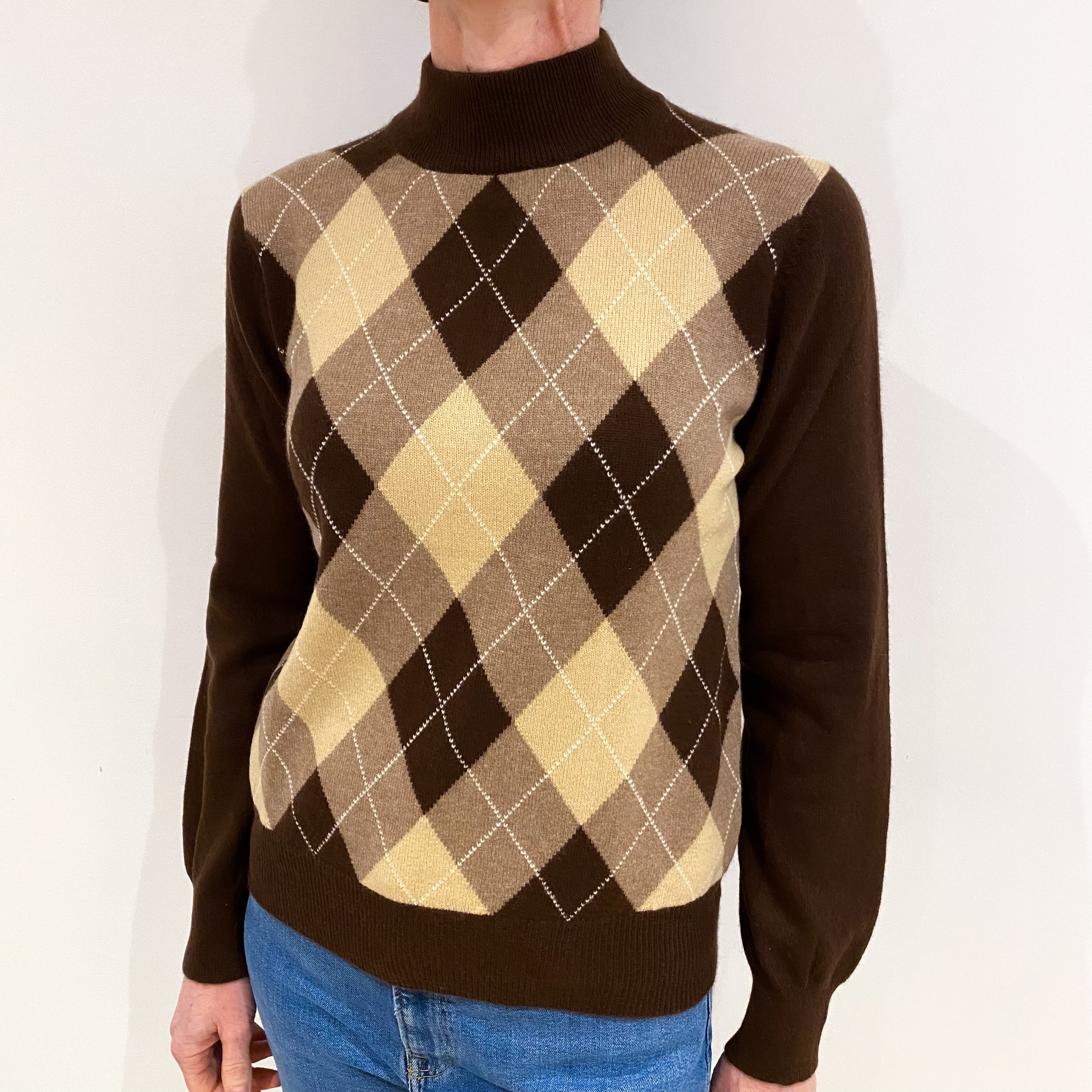 Chocolate Brown Argyle Pattern Cashmere Turtle Neck Jumper Small