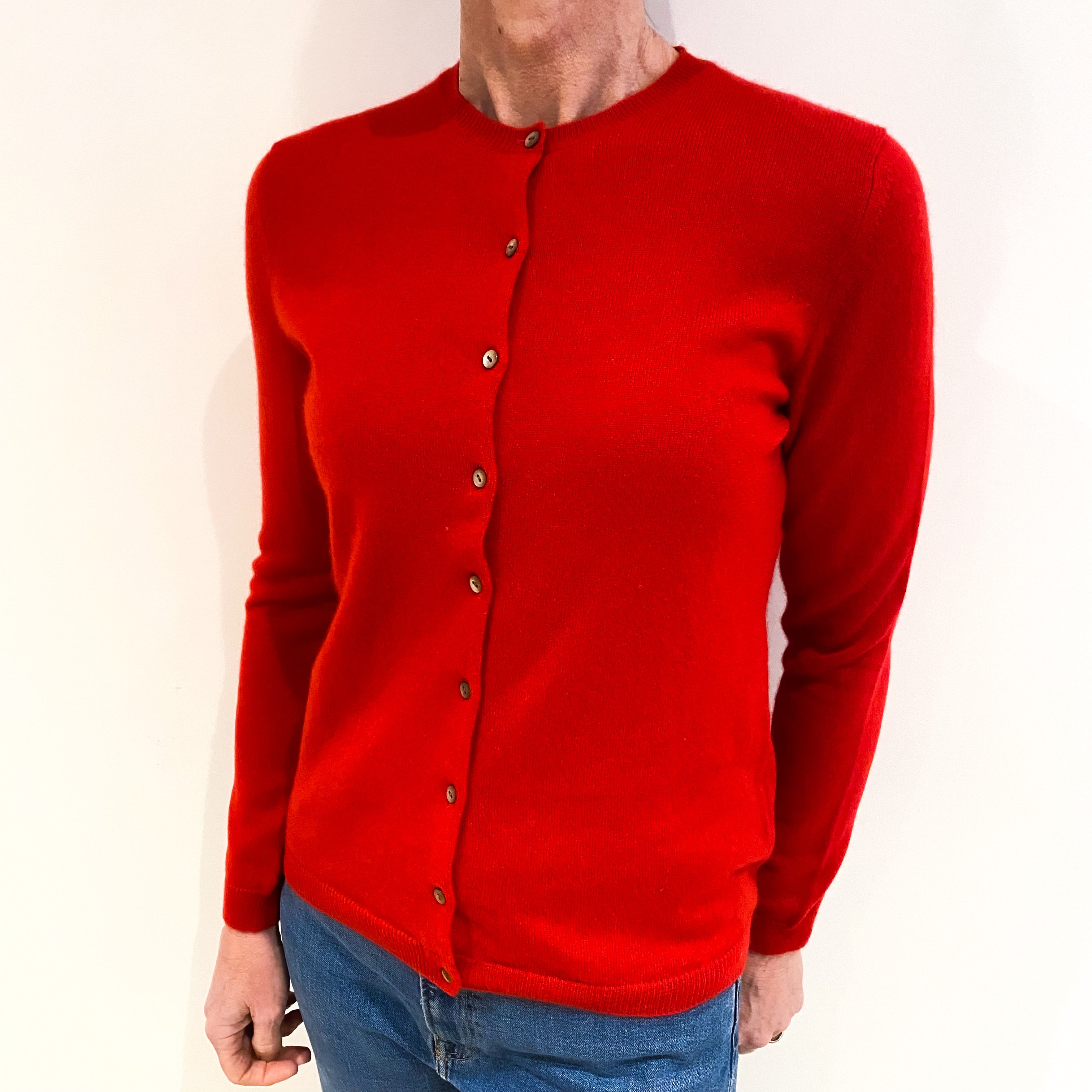 Vermillion Red Cashmere Crew Neck Cardigan Small