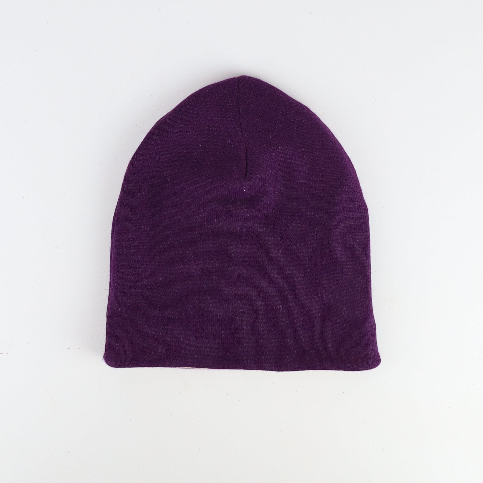 Aubergine Purple and Yellow Reversible Cashmere Beanie Hat