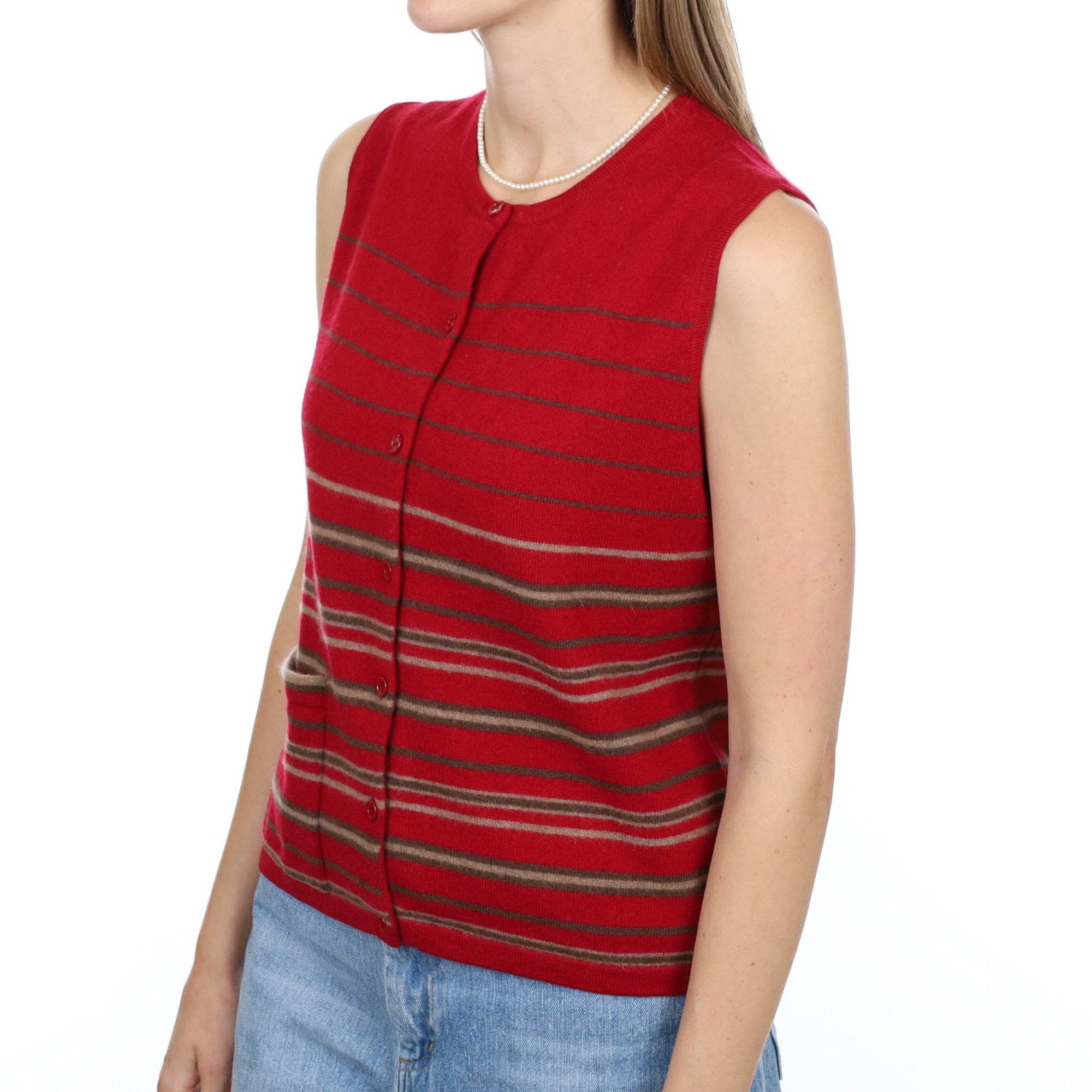 Red Striped Cashmere Sleeveless Cardigan with Pocket Medium