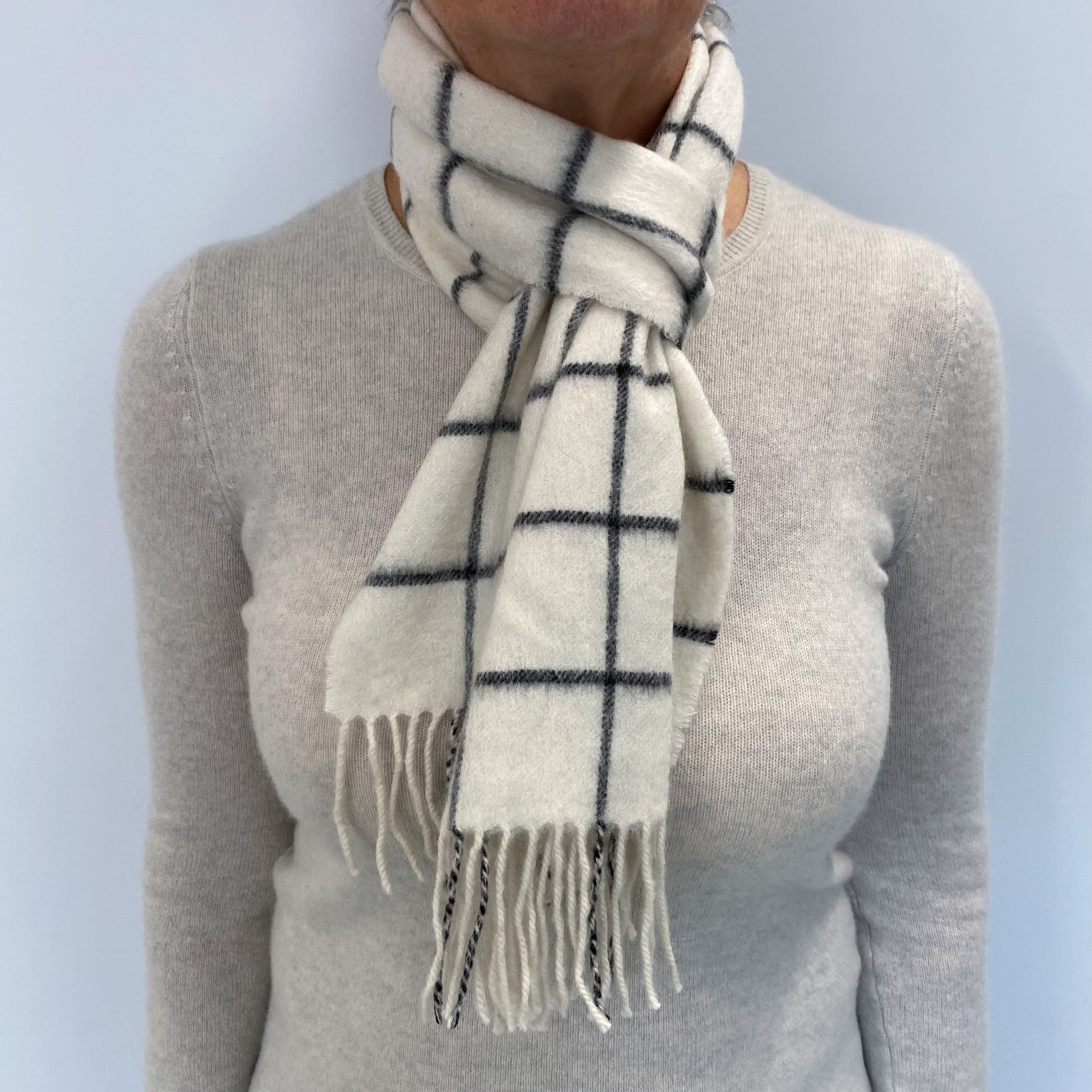 Cream and Black Checked Cashmere Woven Fringed Scarf