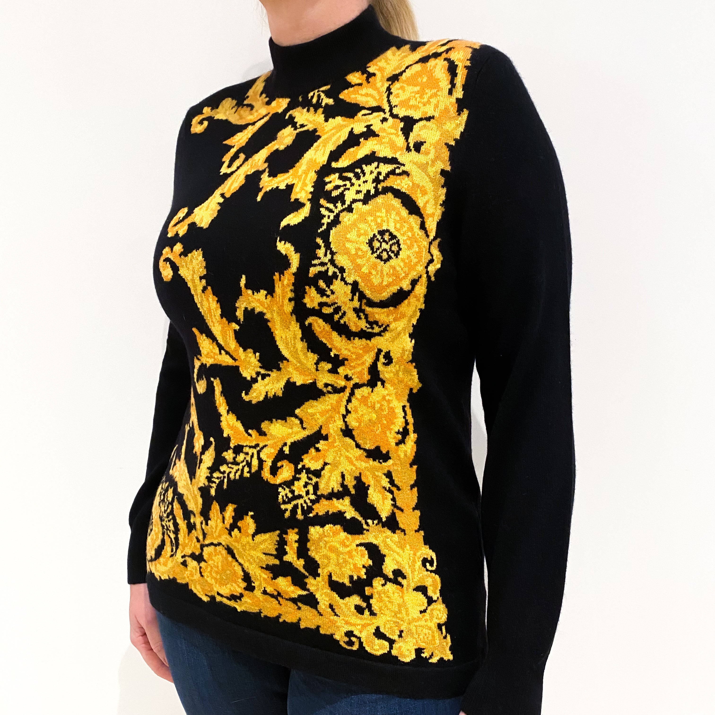 Black with Marigold Design Cashmere Turtle Neck Jumper Large