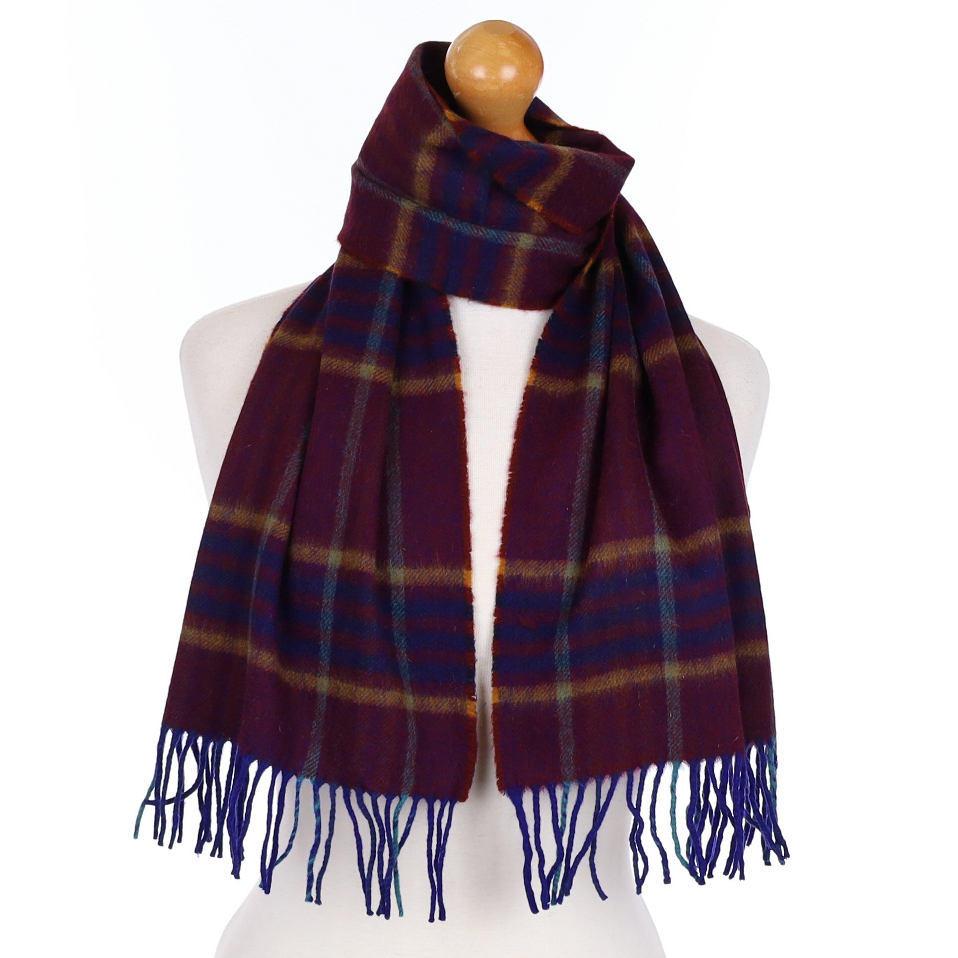 Mulberry and Blue Check Cashmere Tasselled Woven Scarf