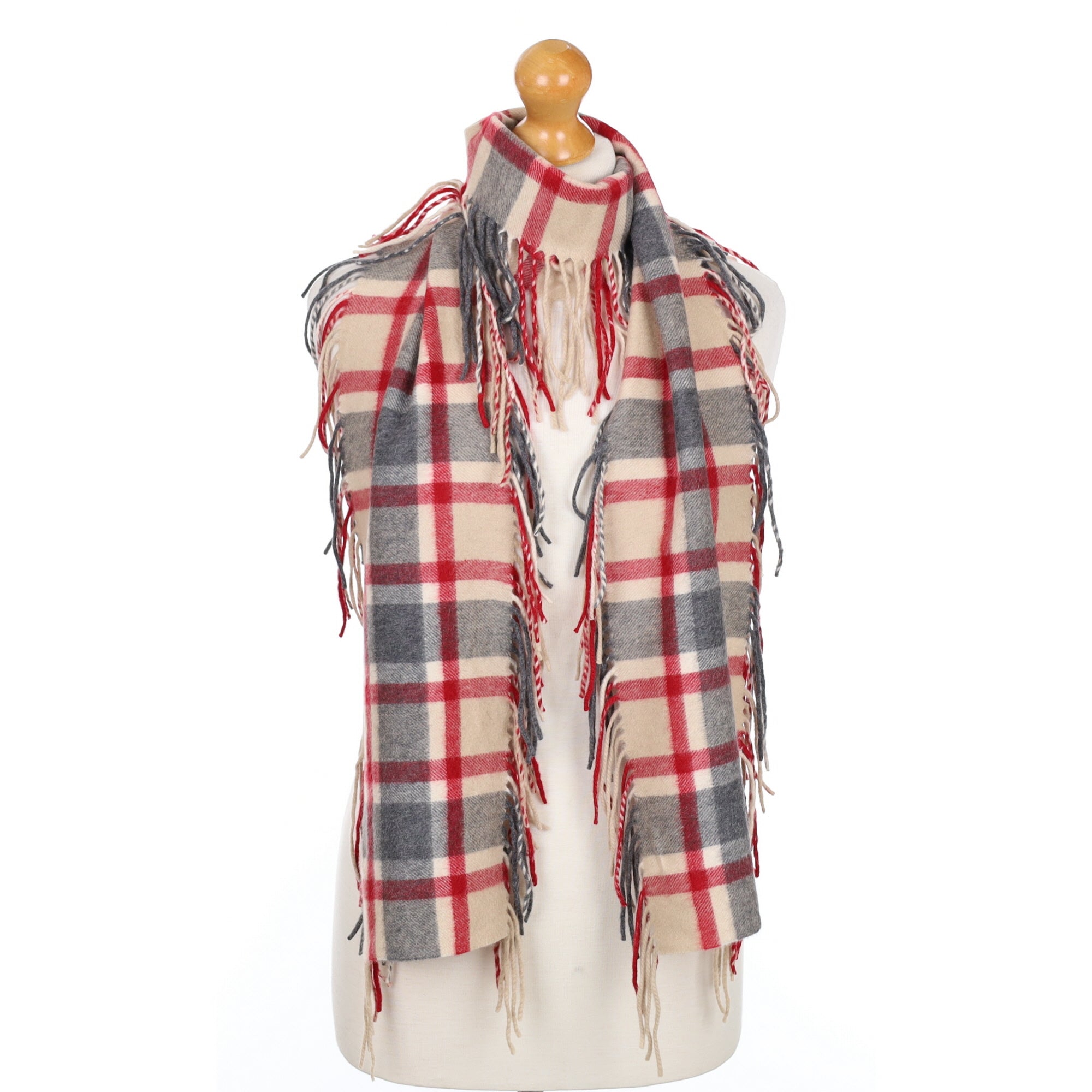 Red and Grey Checked Fringed Cashmere Woven Scarf