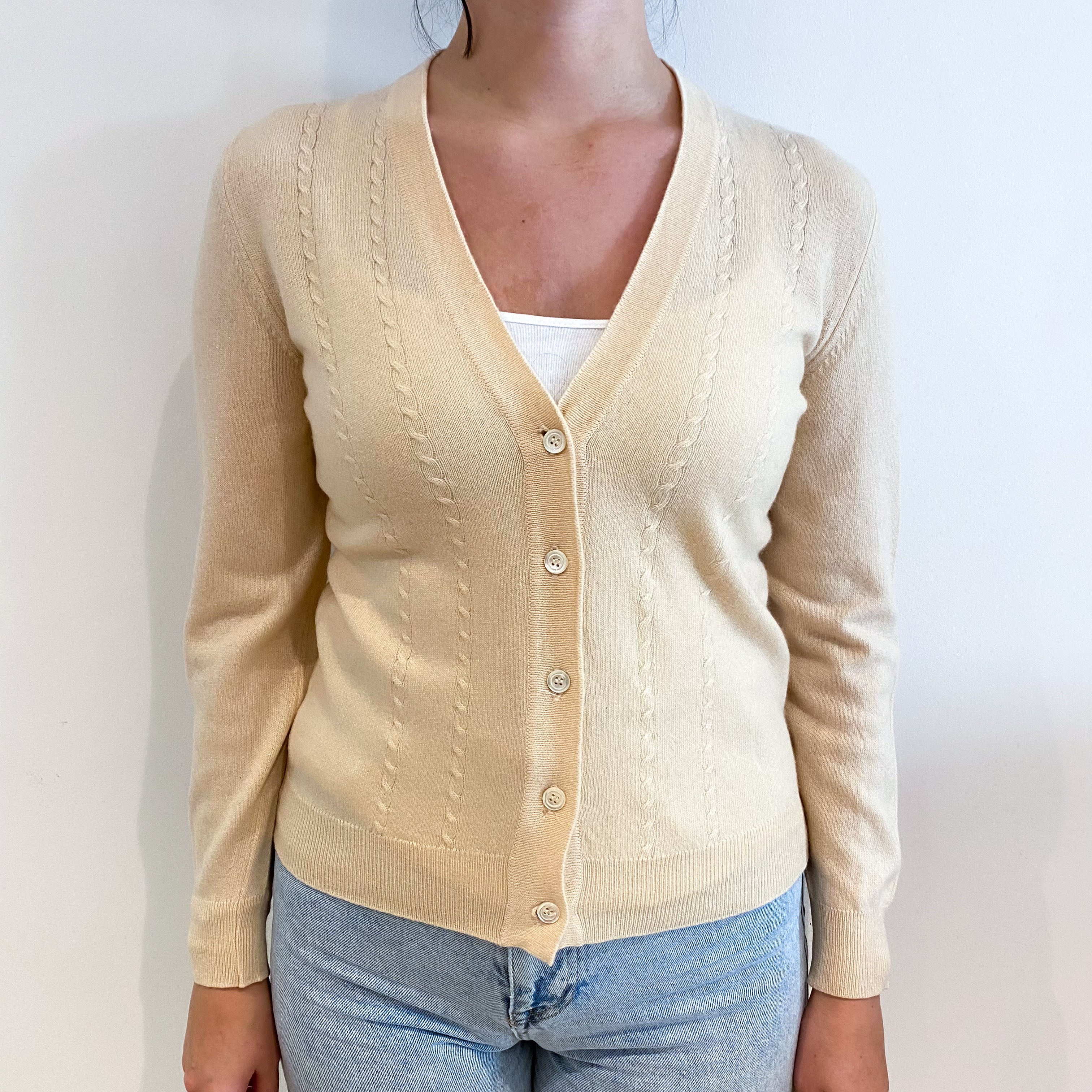 Sand Cable Knit V Neck Cardigan Small