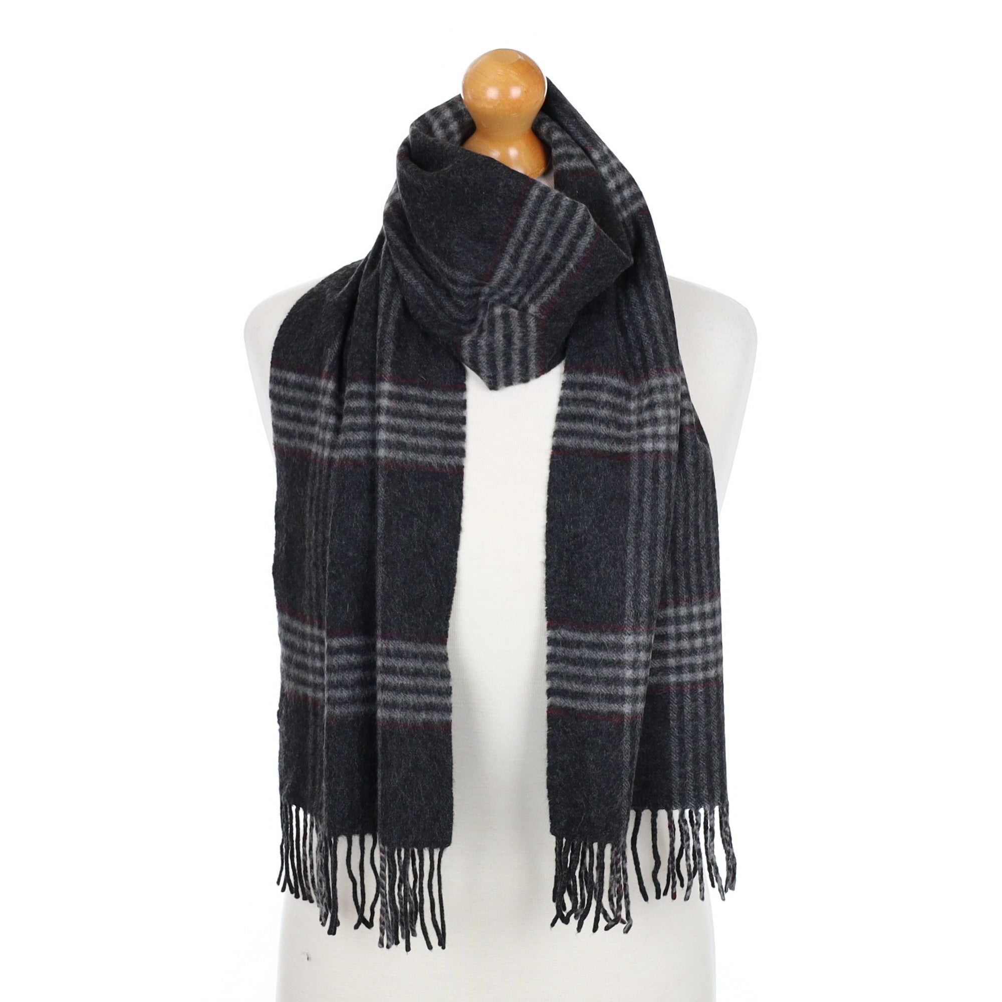 Charcoal Grey Checked Fringed Cashmere Woven Scarf