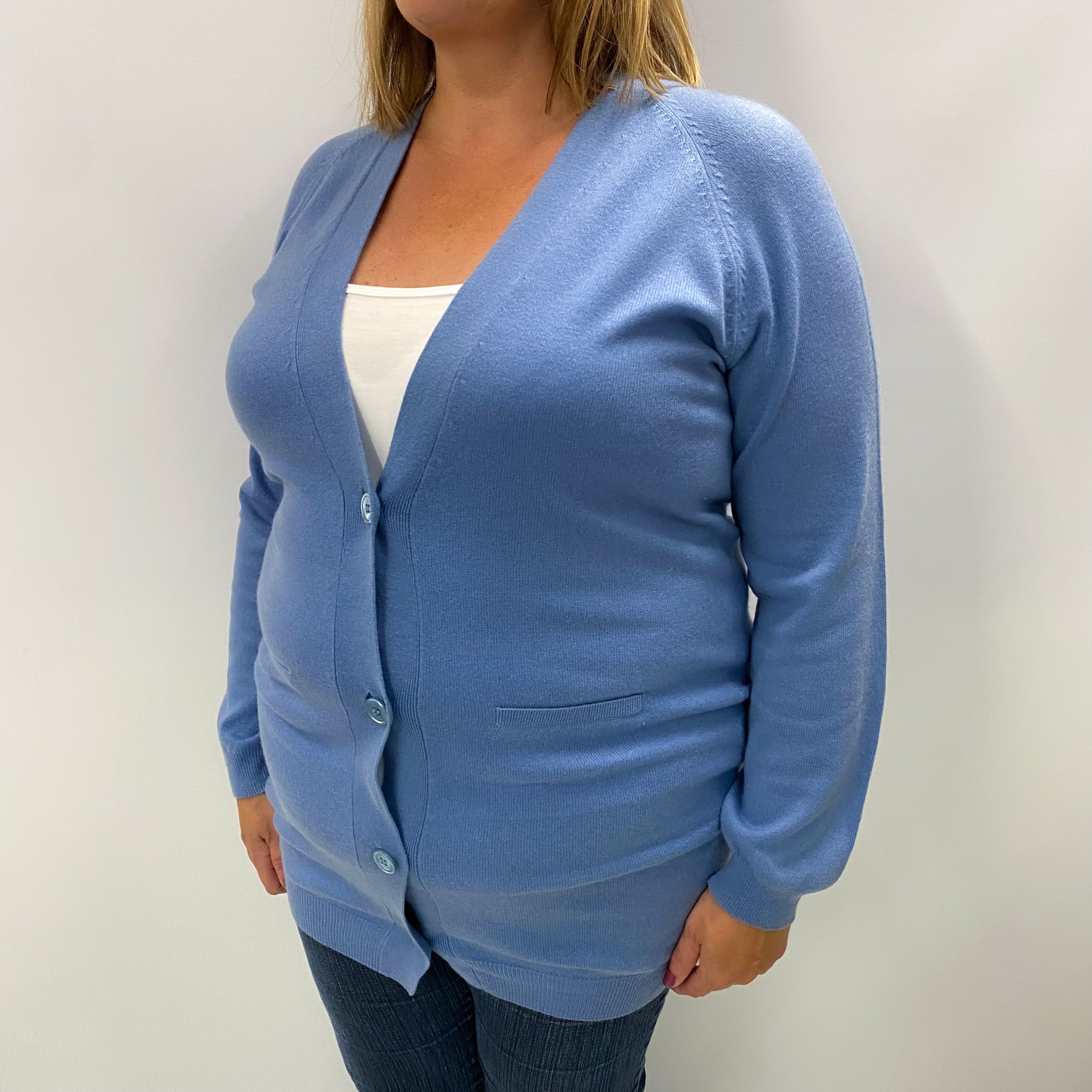 Denim Blue Cashmere V Neck Cardigan Extra Large