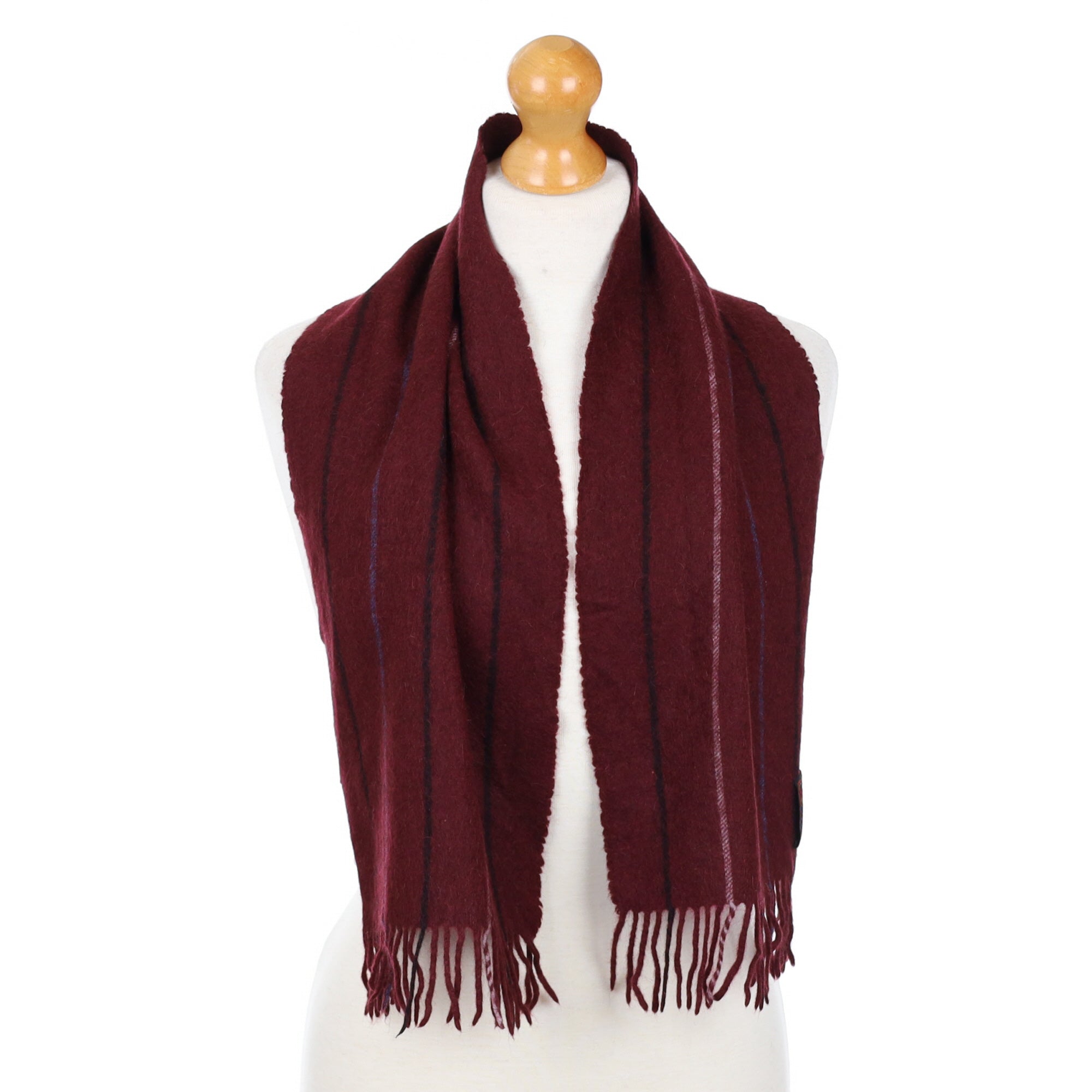 Wine Red Striped Fringed Cashmere Woven Scarf