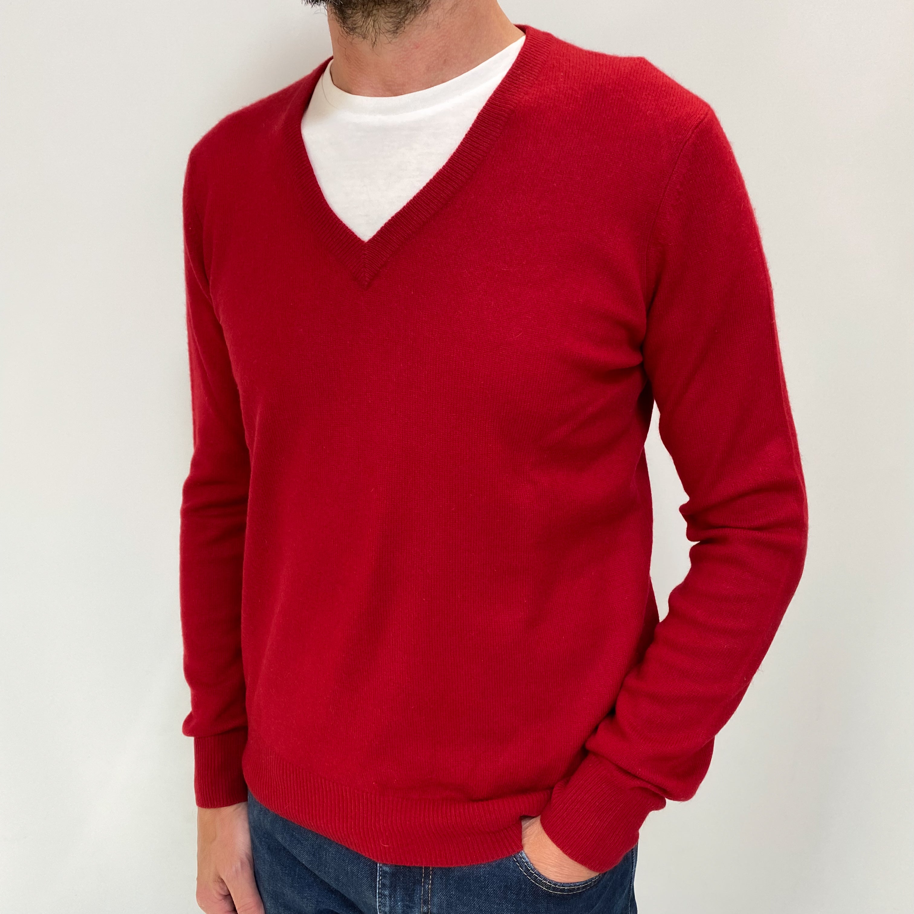 Men's Scarlet Red Cashmere V Neck Jumper Small