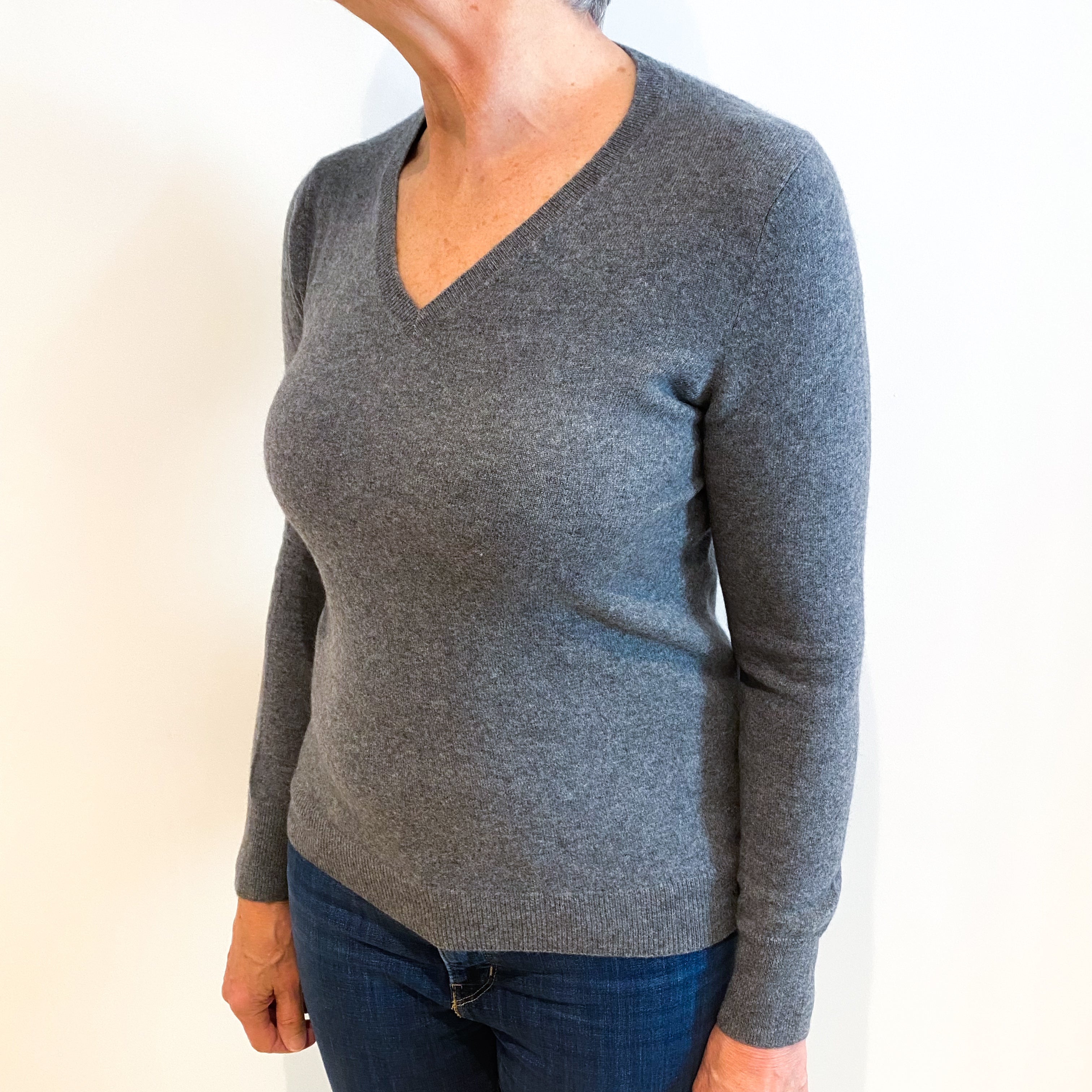 Slate Grey Cashmere V Neck Jumper Medium