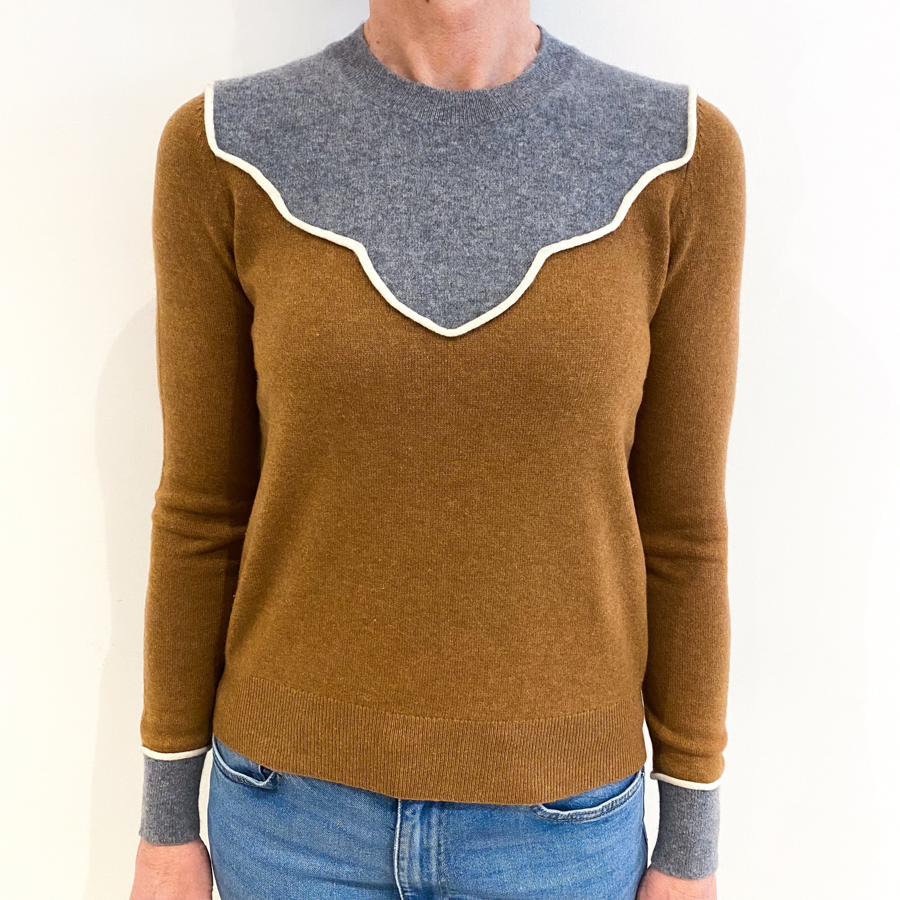 Chestnut And Grey Cashmere Crew Neck Jumper Small