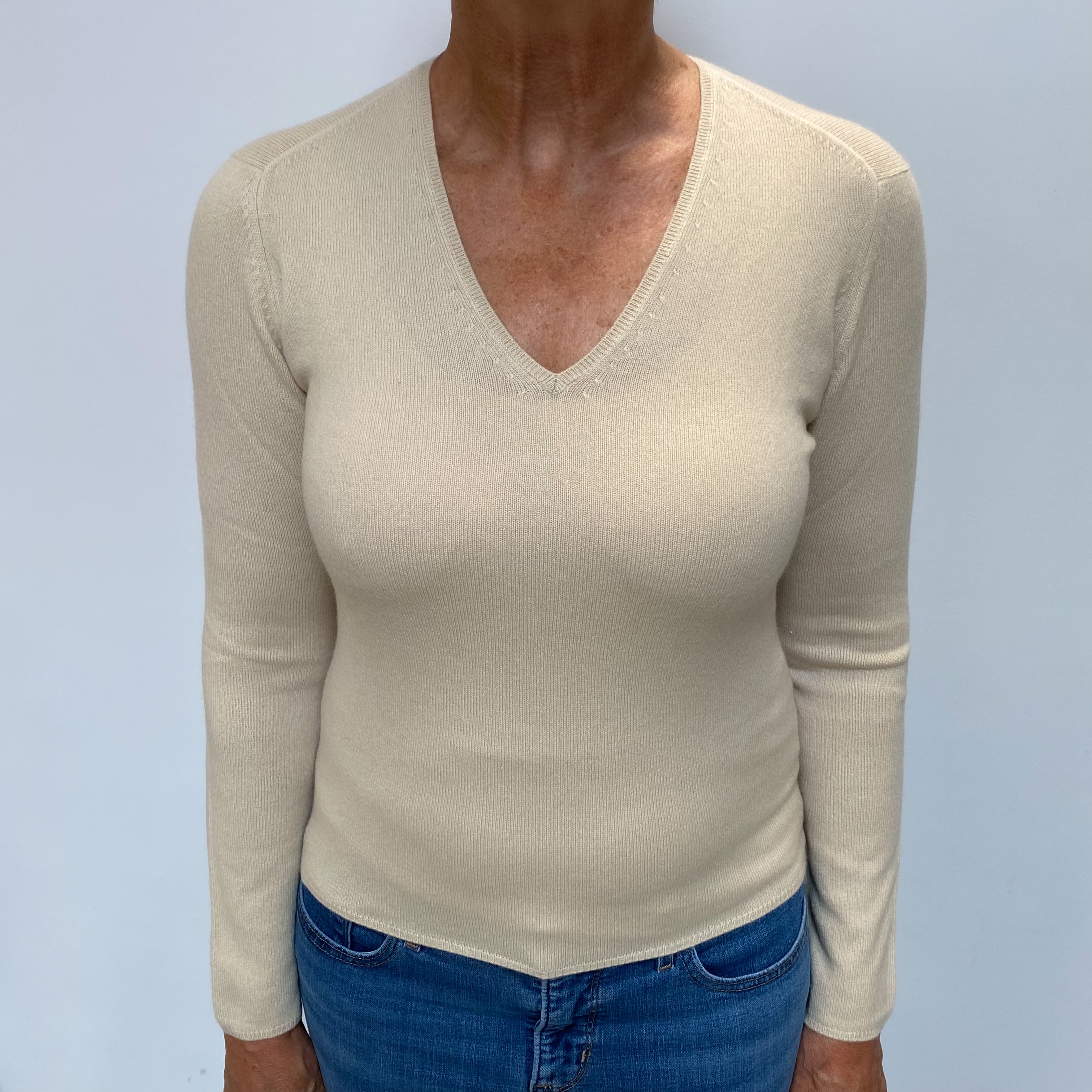 Beige Cashmere V Neck Jumper Medium