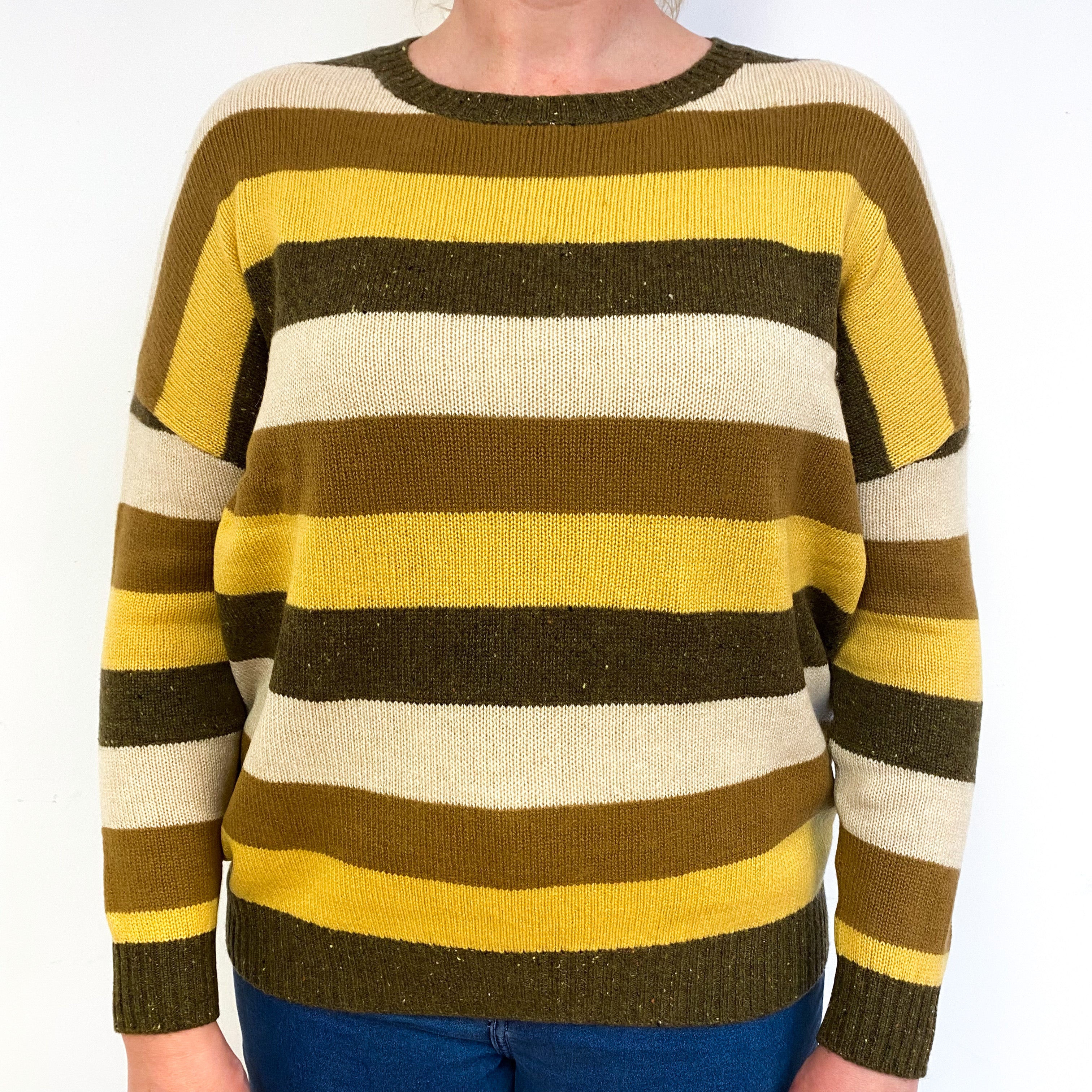 Mustard Brown Stripe Slouchy Cashmere Crew Neck Jumper Large