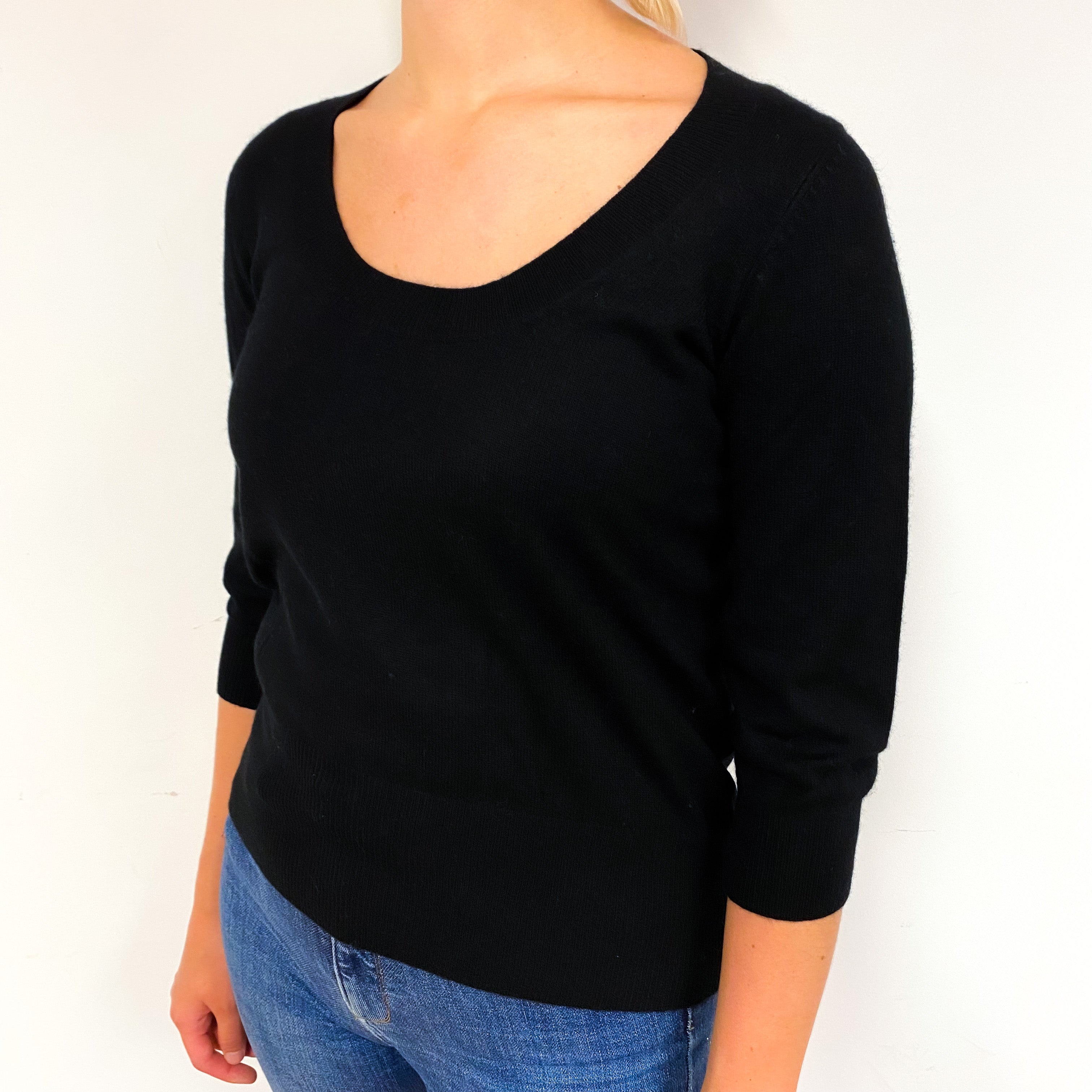 Black 3/4 Sleeve Cashmere Scoop Neck Jumper Small