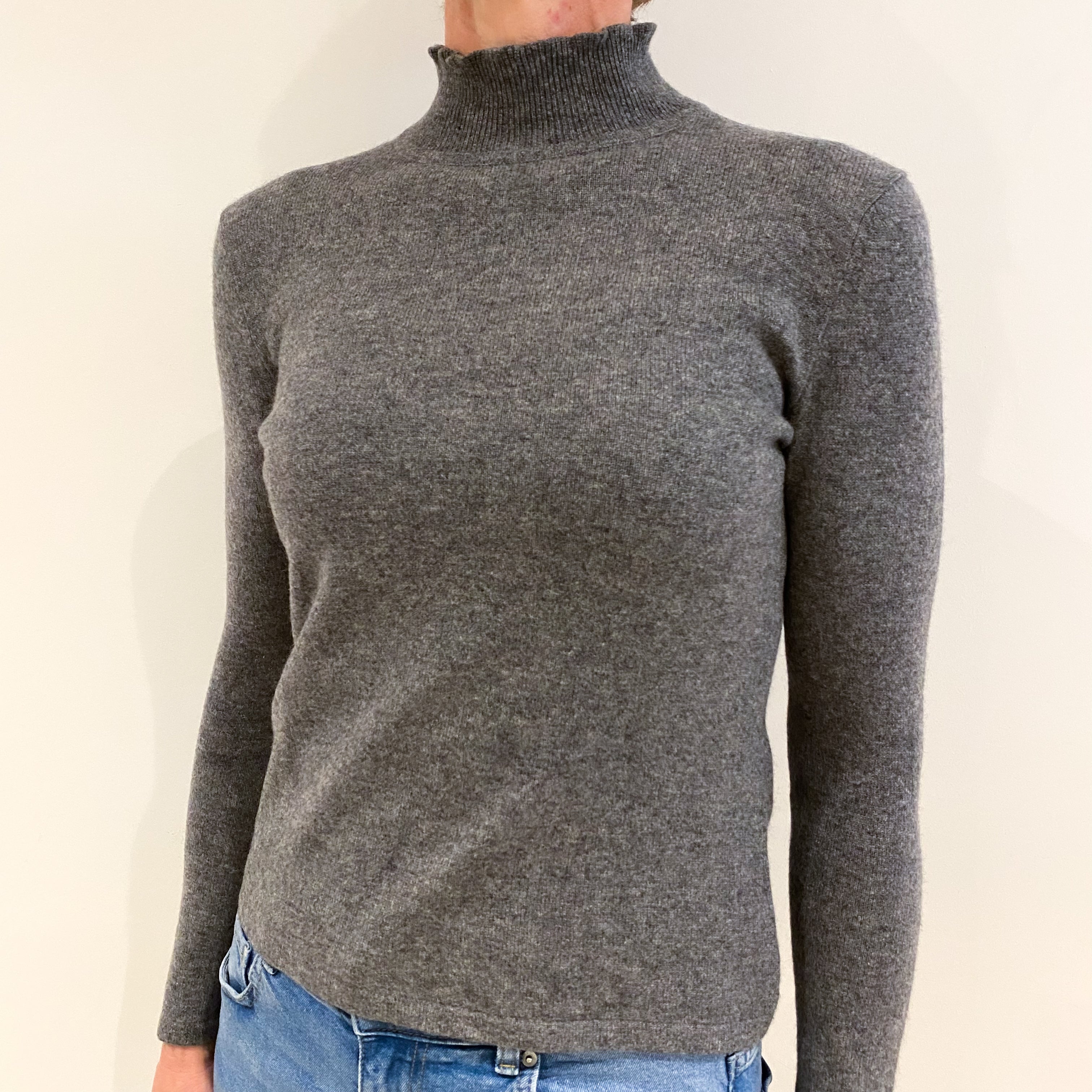 Slate Grey Cashmere Frill Detail Polo Neck Jumper with Back Button Fastening Small