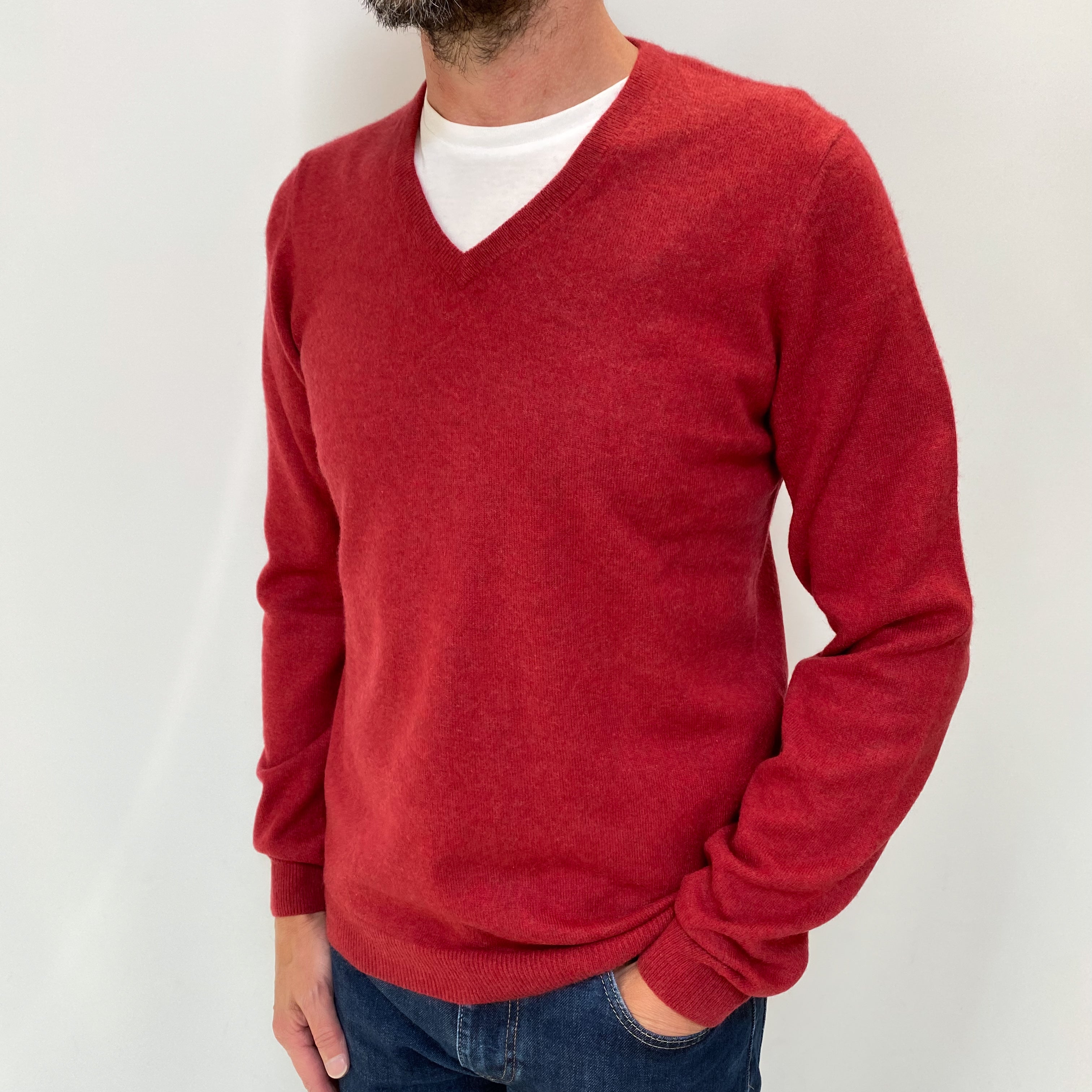 Men's Crimson Cashmere V Neck Jumper Small