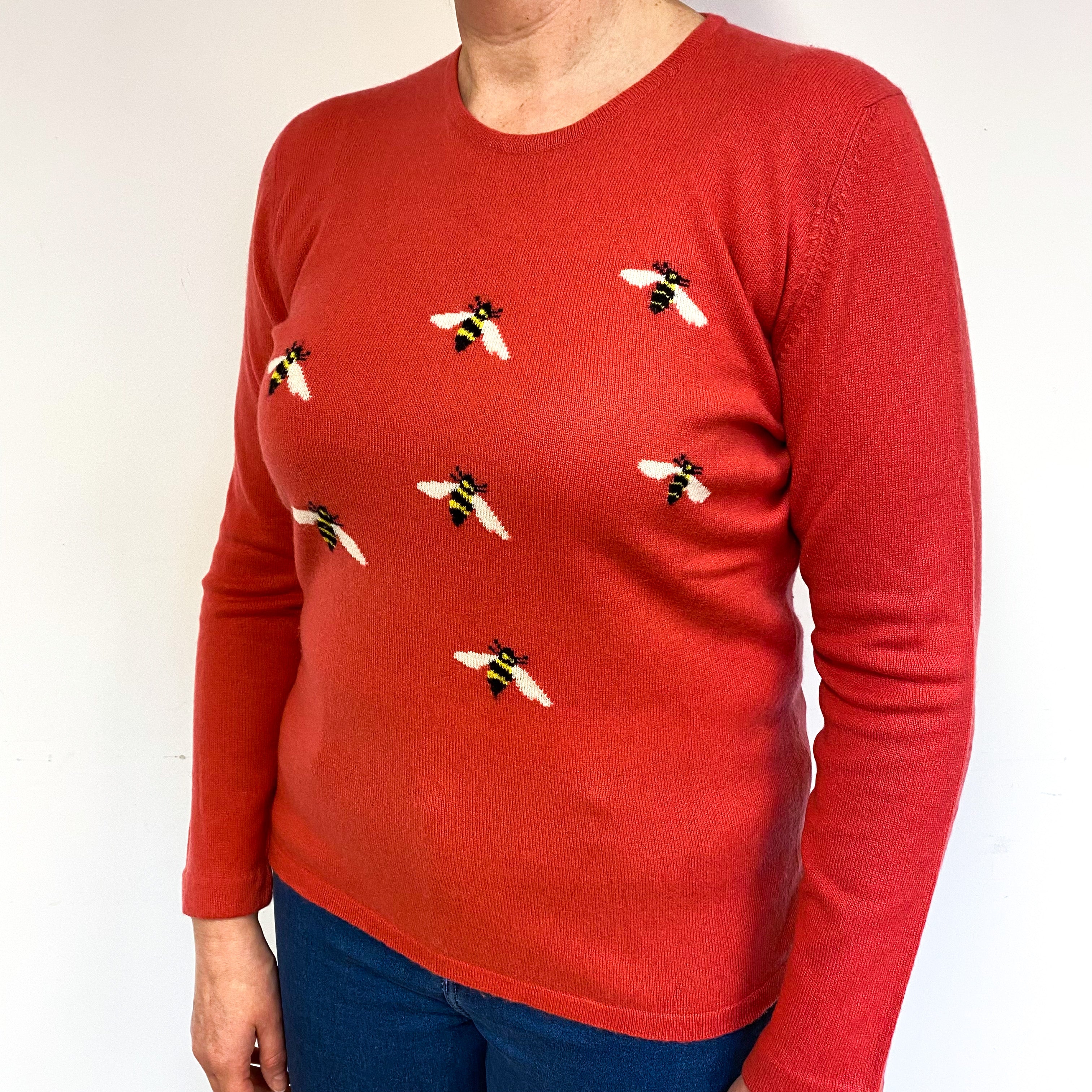 Scarlet Red Bumble Bee Cashmere Crew Neck Jumper Large